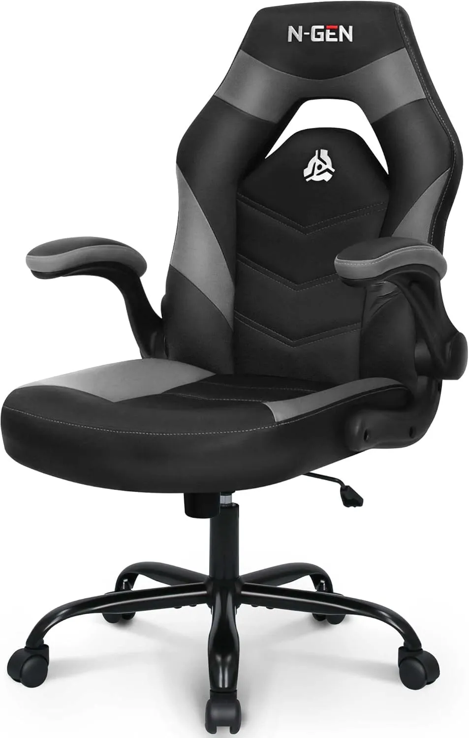N-GEN GAMING Video Gaming Chair Ergonomic Office Desk Chair with Lumbar Support Adjustable Height Padded Flip Up Arms and Swivel Wheels Racing Style Design for Adults with PU Leather (Grey)
