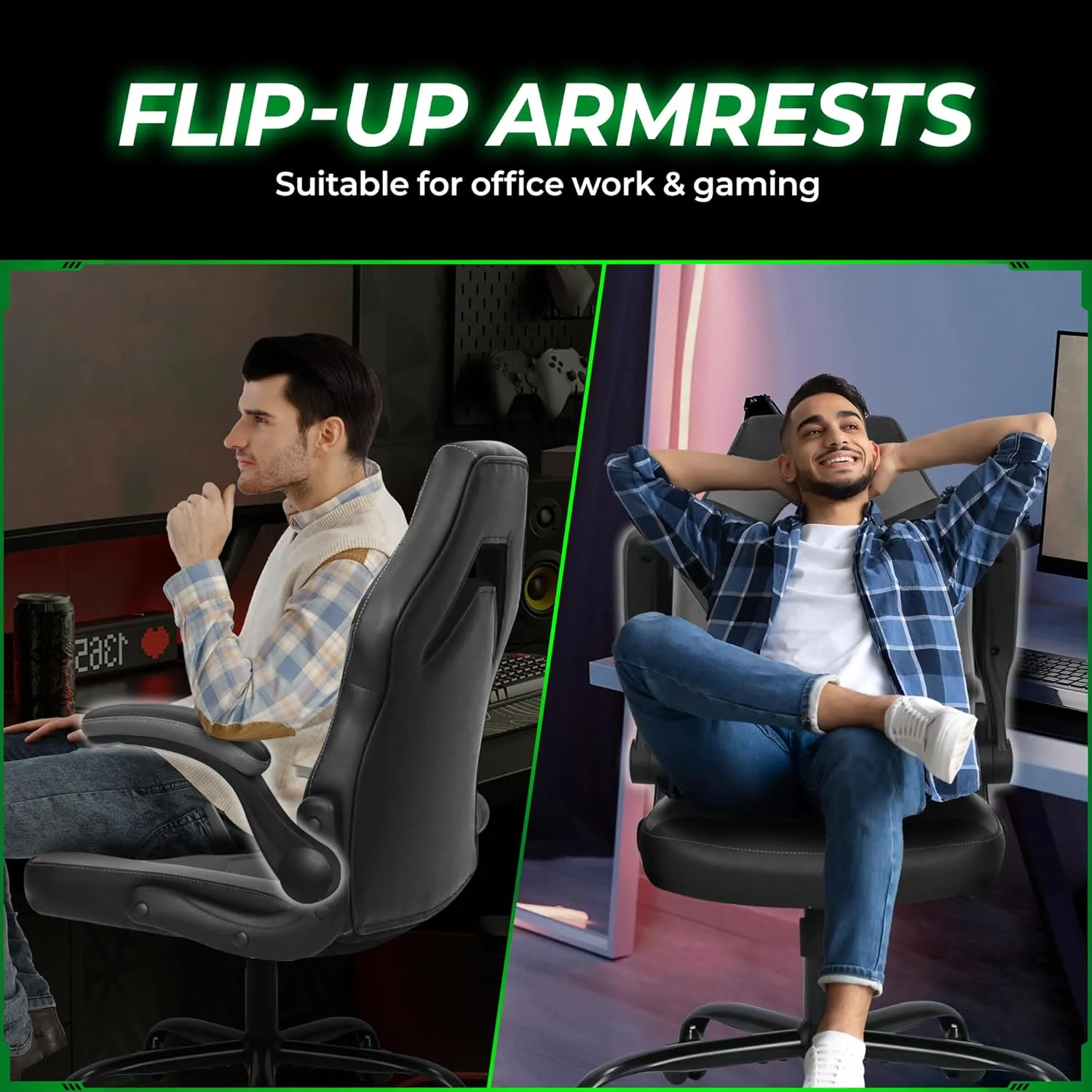 N-GEN GAMING Video Gaming Chair Ergonomic Office Desk Chair with Lumbar Support Adjustable Height Padded Flip Up Arms and Swivel Wheels Racing Style Design for Adults with PU Leather (Grey)