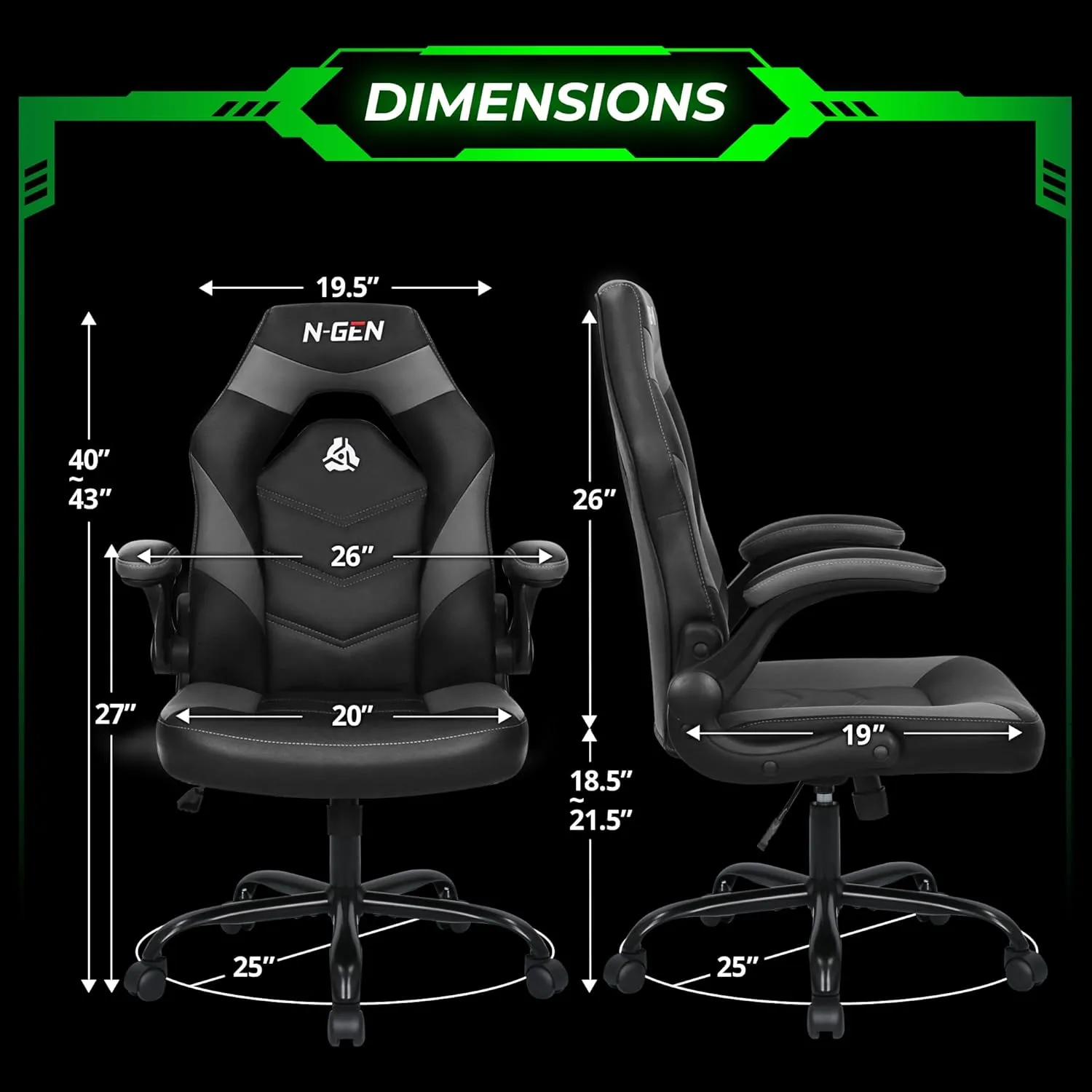 N-GEN GAMING Video Gaming Chair Ergonomic Office Desk Chair with Lumbar Support Adjustable Height Padded Flip Up Arms and Swivel Wheels Racing Style Design for Adults with PU Leather (Grey)