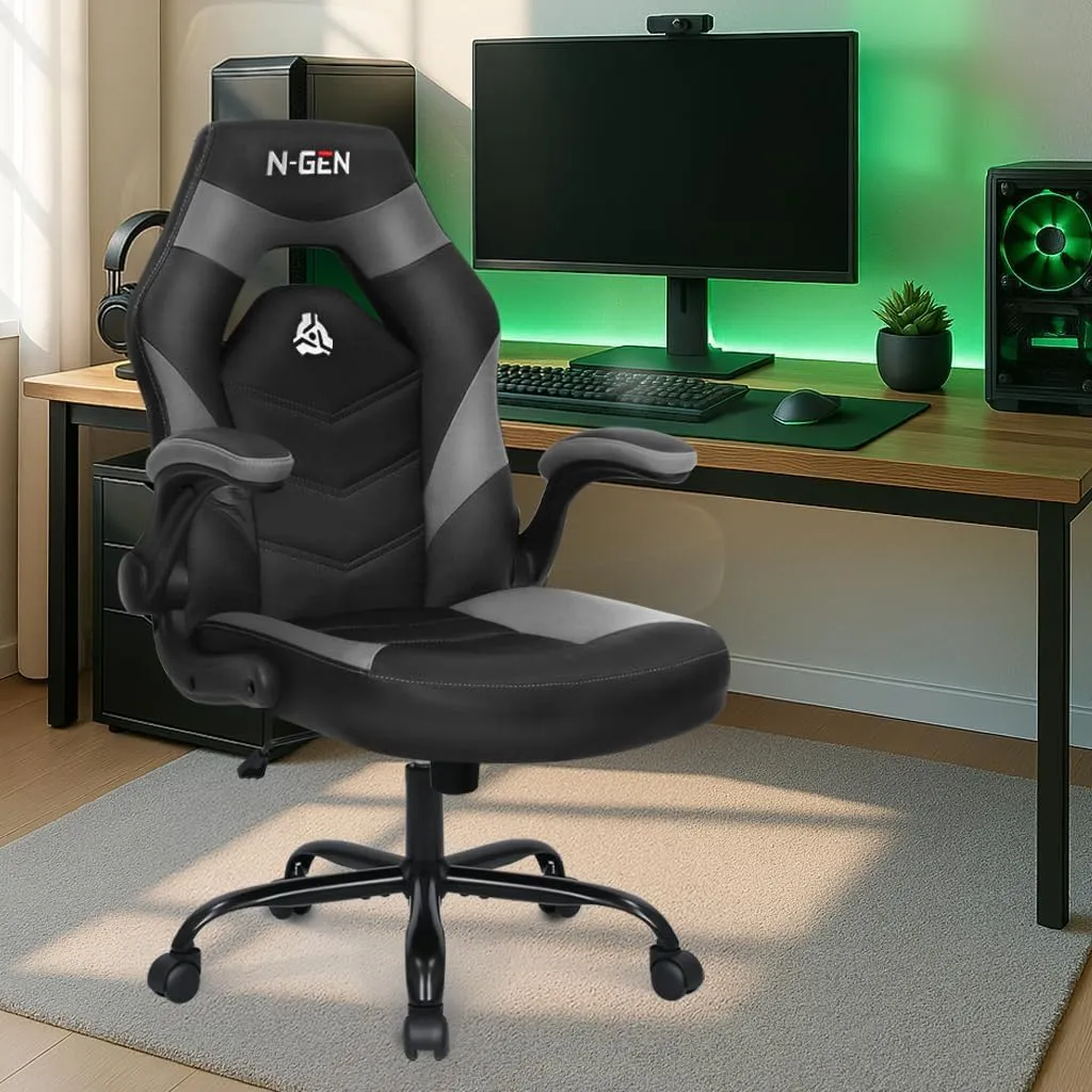 N-GEN GAMING Video Gaming Chair Ergonomic Office Desk Chair with Lumbar Support Adjustable Height Padded Flip Up Arms and Swivel Wheels Racing Style Design for Adults with PU Leather (Grey)