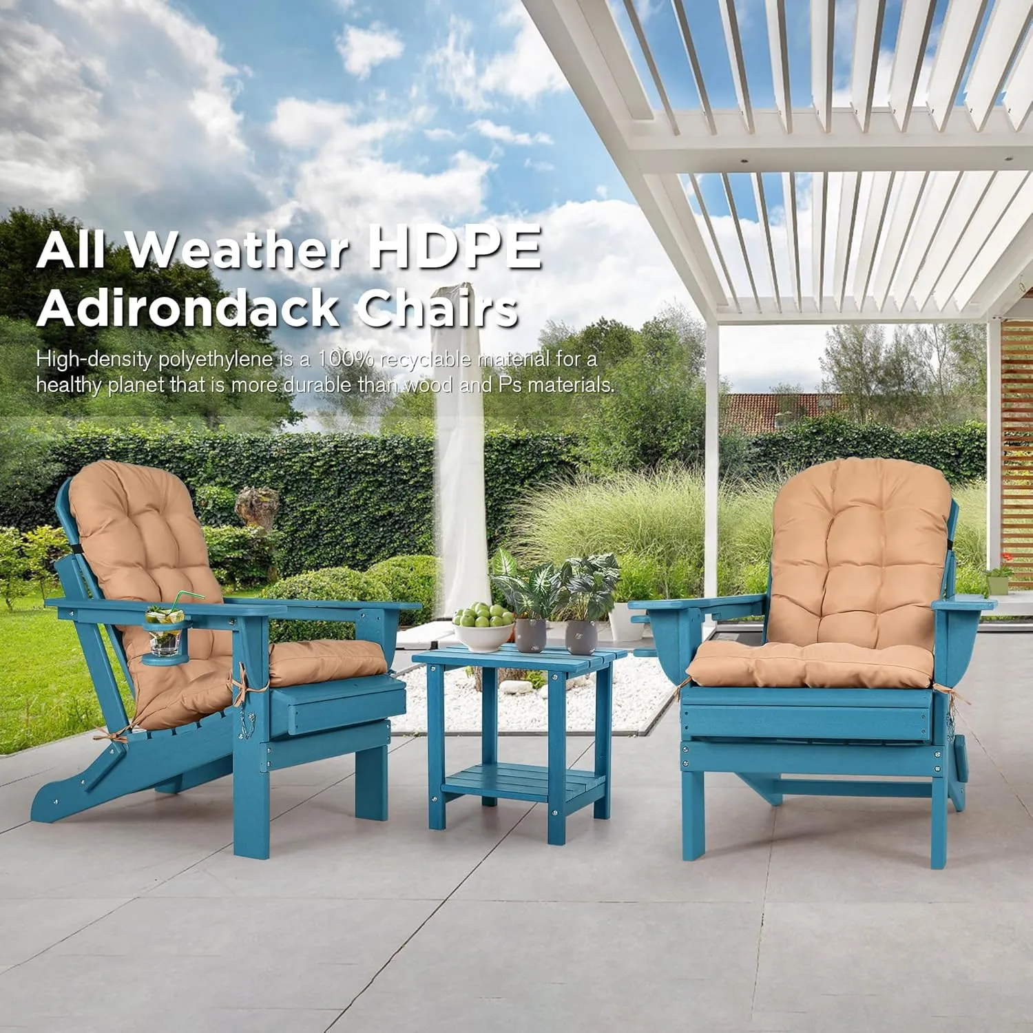 nalone Folding Adirondack Chairs Set of 2 with Cushion with Cup Holder, HDPE Plastic Oversized Patio Chair Weather Resistant, Used in Outdoor, Fire Pit, Deck, Garden, Campfire Chairs (Blue)