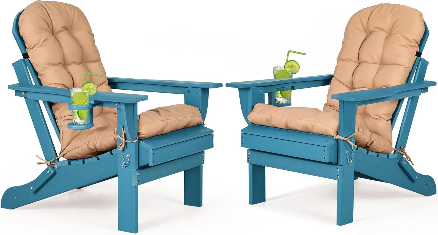 nalone Folding Adirondack Chairs Set of 2 with Cushion with Cup Holder, HDPE Plastic Oversized Patio Chair Weather Resistant, Used in Outdoor, Fire Pit, Deck, Garden, Campfire Chairs (Blue)
