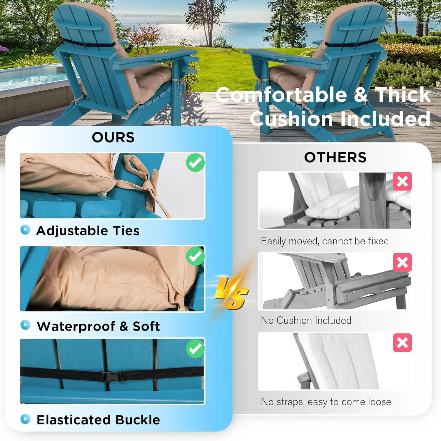 nalone Folding Adirondack Chairs Set of 2 with Cushion with Cup Holder, HDPE Plastic Oversized Patio Chair Weather Resistant, Used in Outdoor, Fire Pit, Deck, Garden, Campfire Chairs (Blue)