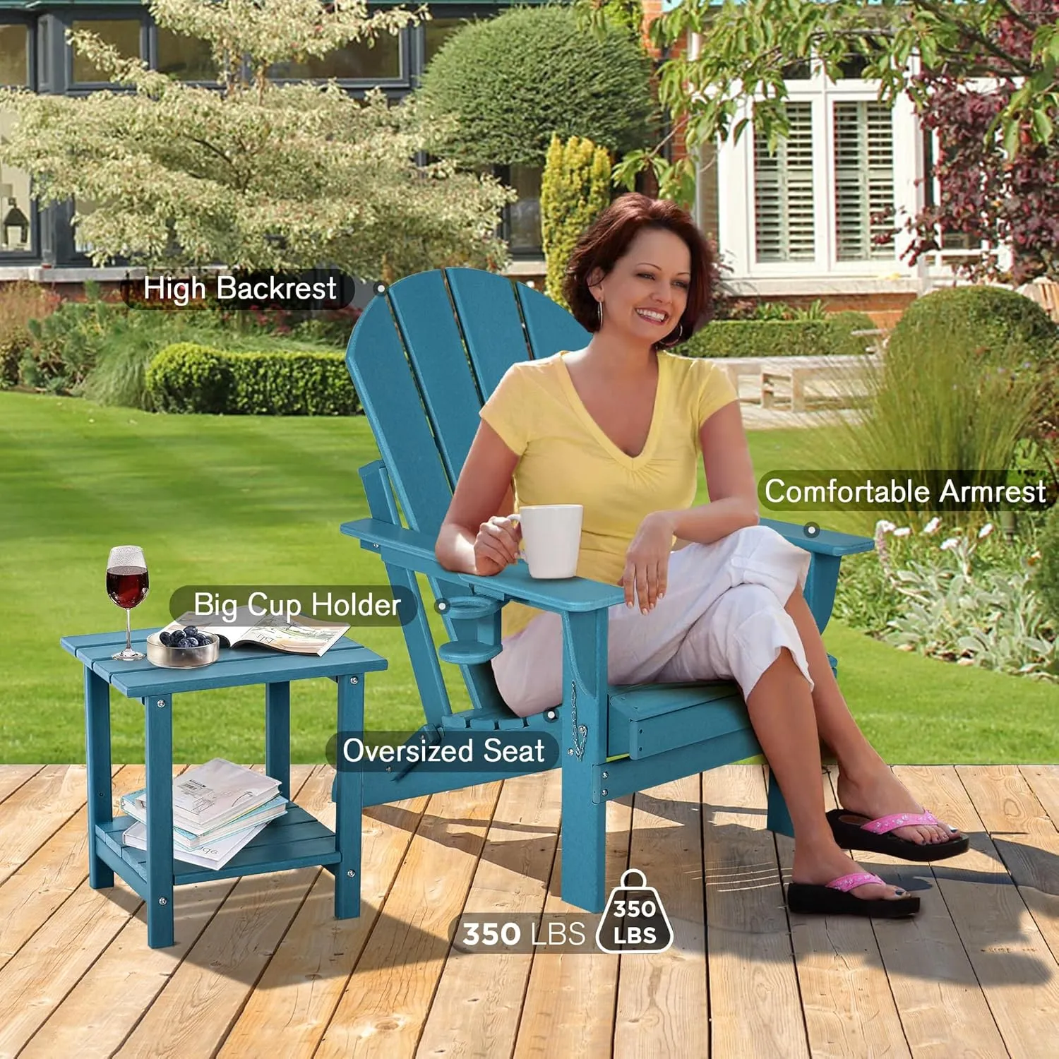 nalone Folding Adirondack Chairs Set of 2 with Cushion with Cup Holder, HDPE Plastic Oversized Patio Chair Weather Resistant, Used in Outdoor, Fire Pit, Deck, Garden, Campfire Chairs (Blue)