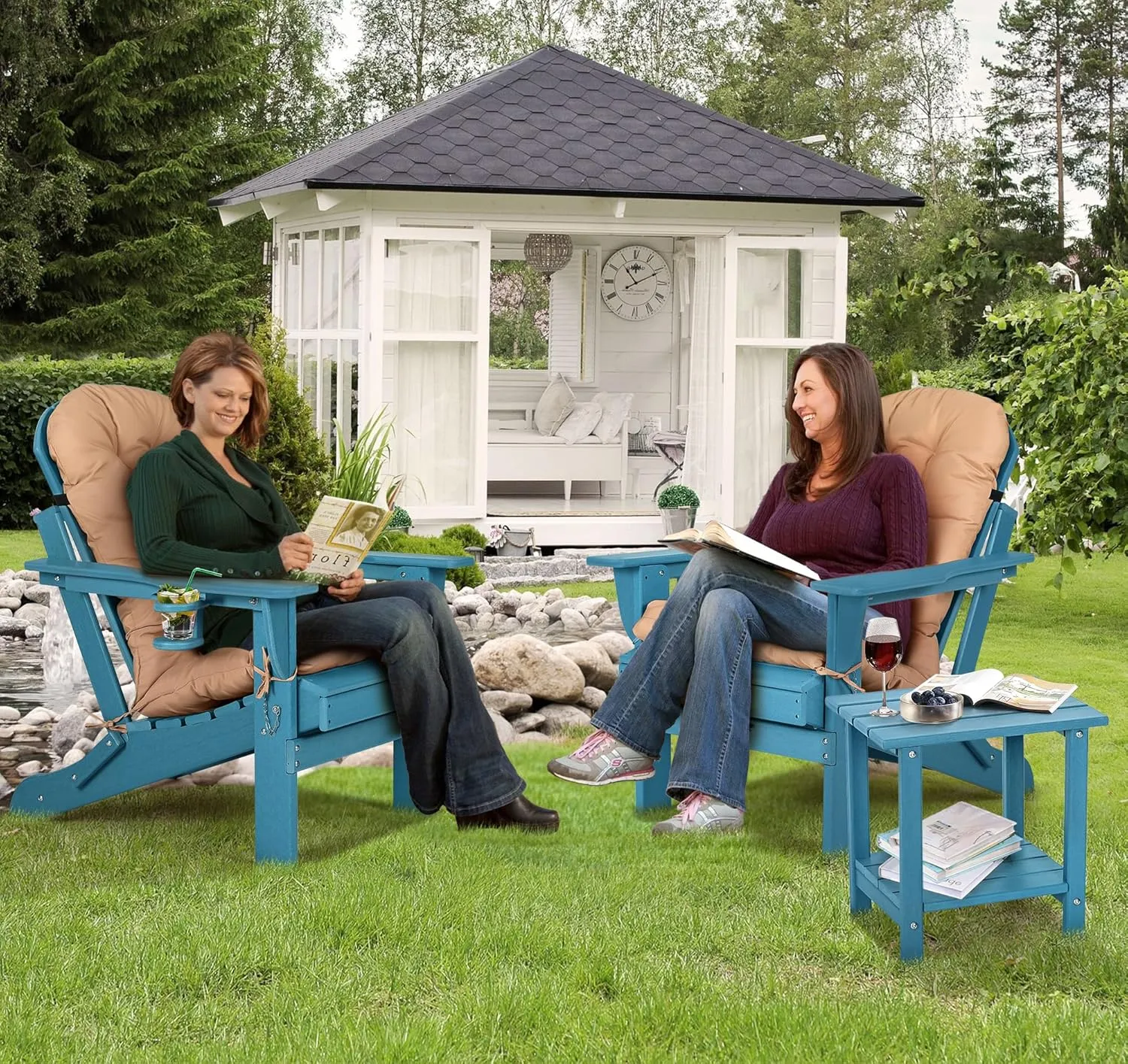 nalone Folding Adirondack Chairs Set of 2 with Cushion with Cup Holder, HDPE Plastic Oversized Patio Chair Weather Resistant, Used in Outdoor, Fire Pit, Deck, Garden, Campfire Chairs (Blue)