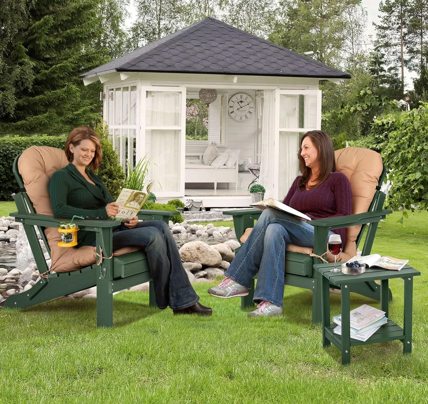 nalone Folding Adirondack Chairs Set of 2 with Cushion with Cup Holder, HDPE Plastic Oversized Patio Chair Weather Resistant, Used in Outdoor, Fire Pit, Deck, Garden, Campfire Chairs (Green)
