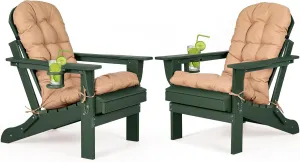 nalone Folding Adirondack Chairs Set of 2 with Cushion with Cup Holder, HDPE Plastic Oversized Patio Chair Weather Resistant, Used in Outdoor, Fire Pit, Deck, Garden, Campfire Chairs (Green)