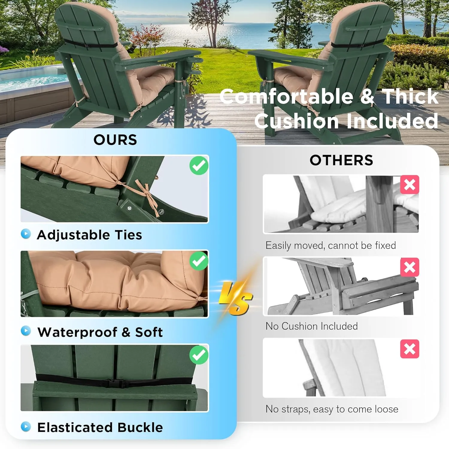 nalone Folding Adirondack Chairs Set of 2 with Cushion with Cup Holder, HDPE Plastic Oversized Patio Chair Weather Resistant, Used in Outdoor, Fire Pit, Deck, Garden, Campfire Chairs (Green)