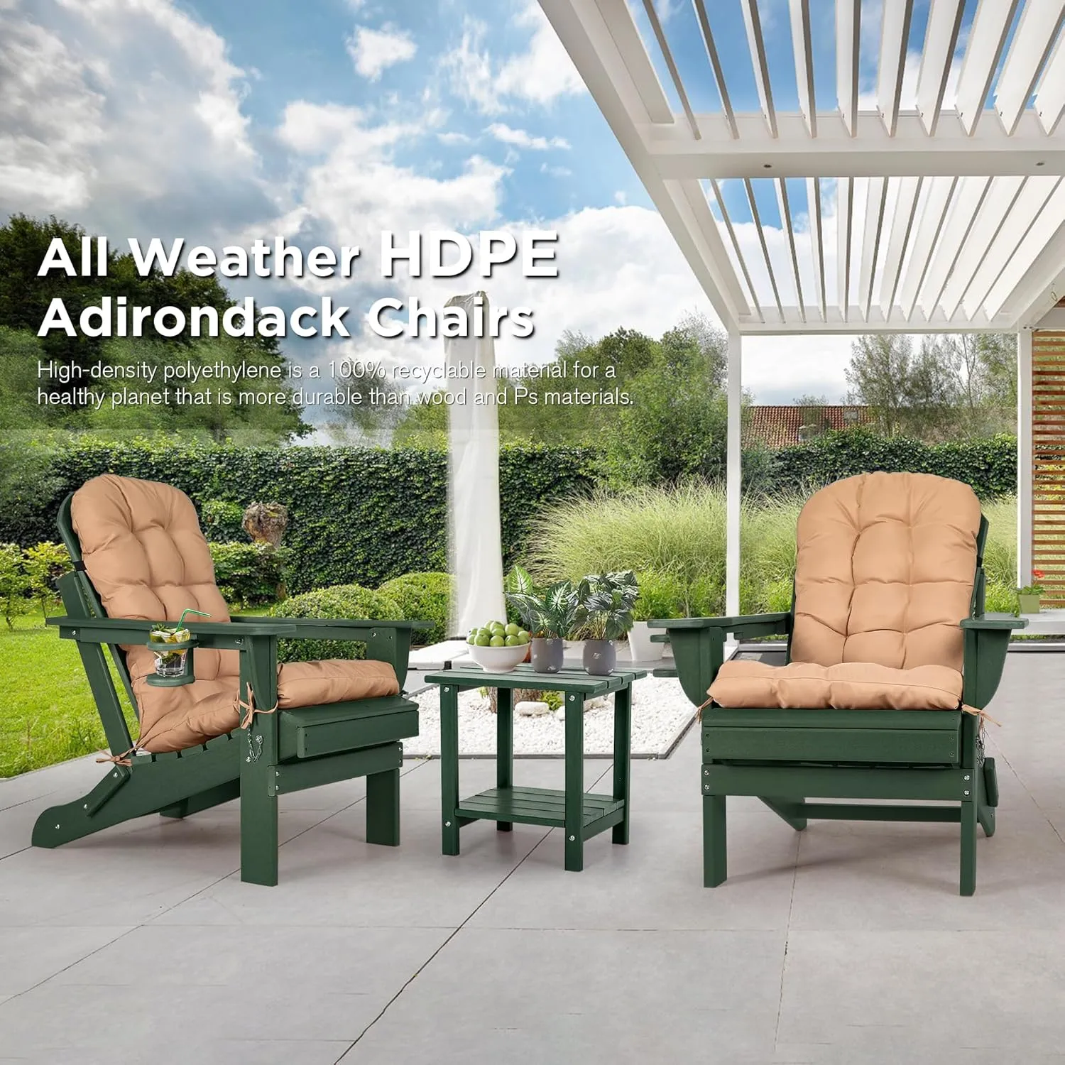 nalone Folding Adirondack Chairs Set of 2 with Cushion with Cup Holder, HDPE Plastic Oversized Patio Chair Weather Resistant, Used in Outdoor, Fire Pit, Deck, Garden, Campfire Chairs (Green)