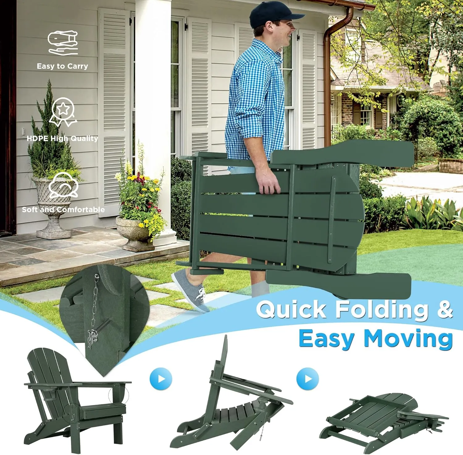 nalone Folding Adirondack Chairs Set of 2 with Cushion with Cup Holder, HDPE Plastic Oversized Patio Chair Weather Resistant, Used in Outdoor, Fire Pit, Deck, Garden, Campfire Chairs (Green)