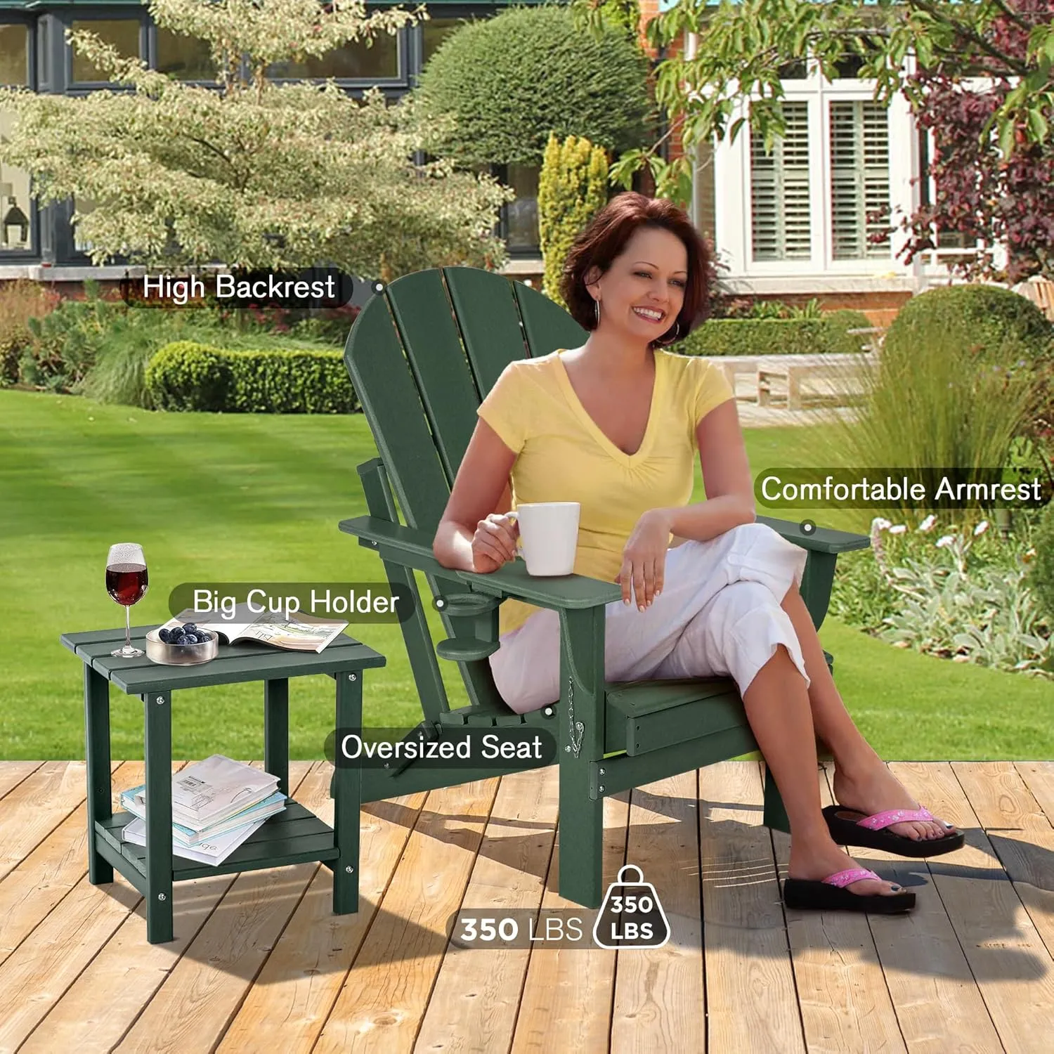 nalone Folding Adirondack Chairs Set of 2 with Cushion with Cup Holder, HDPE Plastic Oversized Patio Chair Weather Resistant, Used in Outdoor, Fire Pit, Deck, Garden, Campfire Chairs (Green)