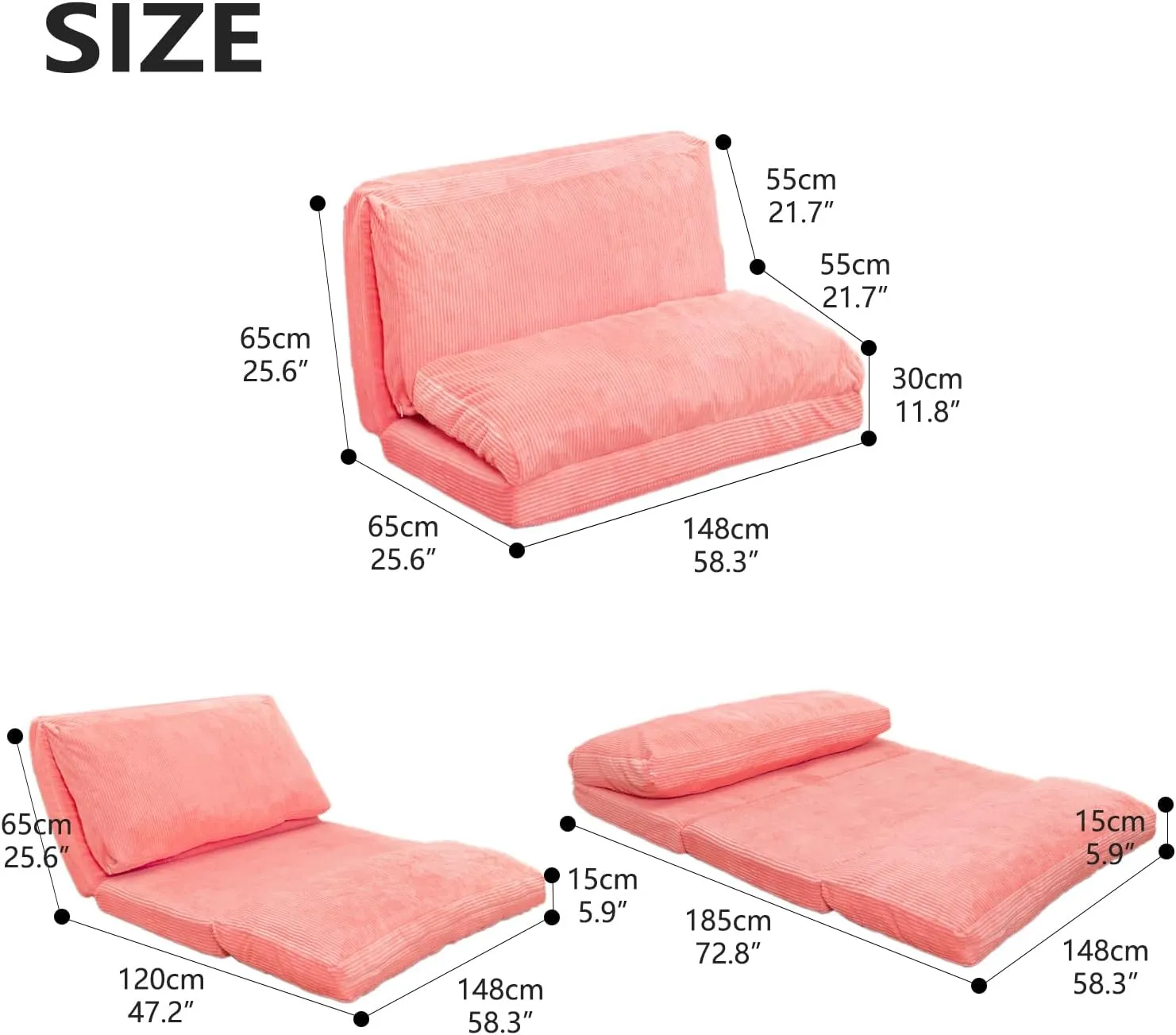 N&V Folding Matress Sofa Bean Bag Bed, Foam Filling Folding Matress Sofa, Includes Removable and Machine Washable Cover, Soft Premium Corduroy (Large, Salmon)