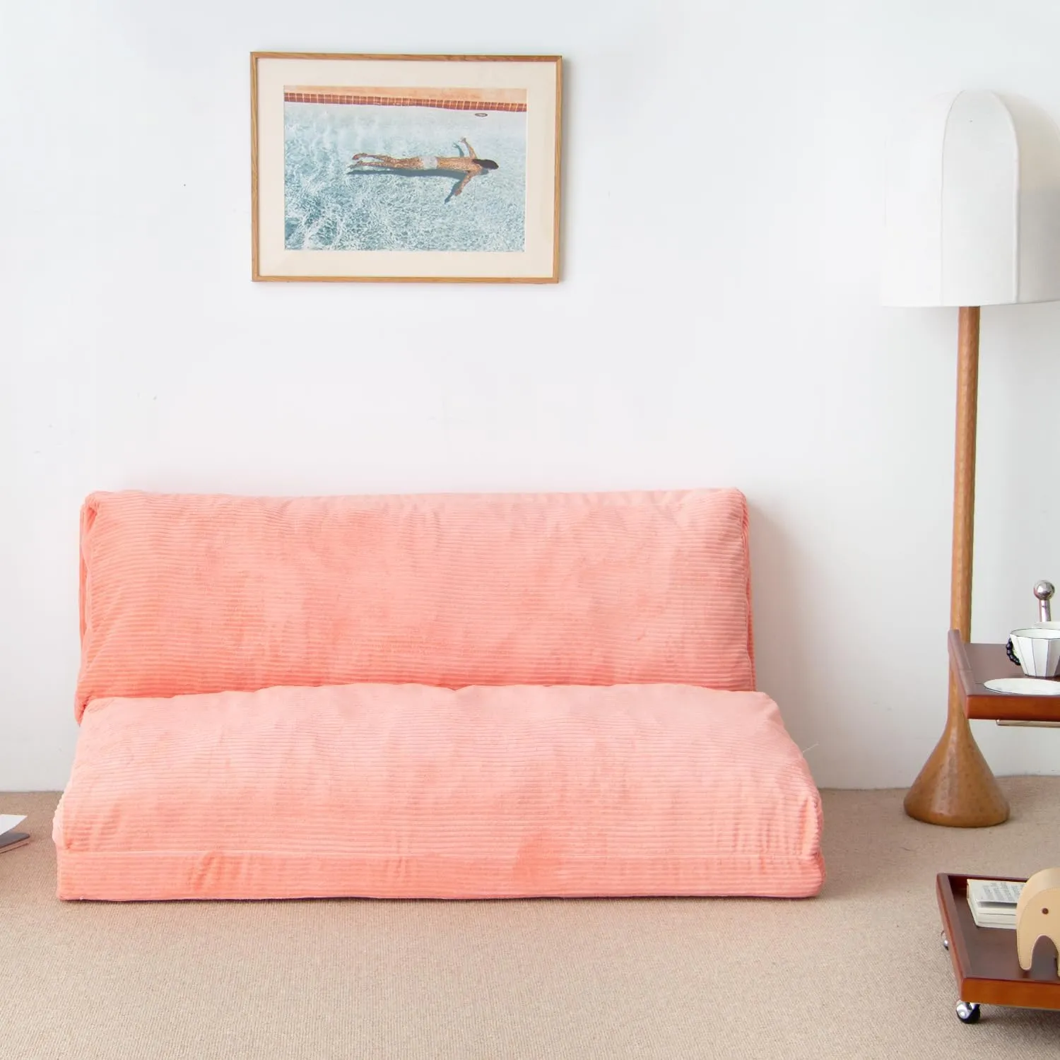N&V Folding Matress Sofa Bean Bag Bed, Foam Filling Folding Matress Sofa, Includes Removable and Machine Washable Cover, Soft Premium Corduroy (Large, Salmon)