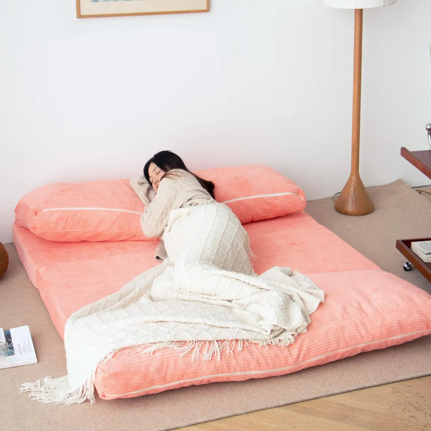 N&V Folding Matress Sofa Bean Bag Bed, Foam Filling Folding Matress Sofa, Includes Removable and Machine Washable Cover, Soft Premium Corduroy (Large, Salmon)