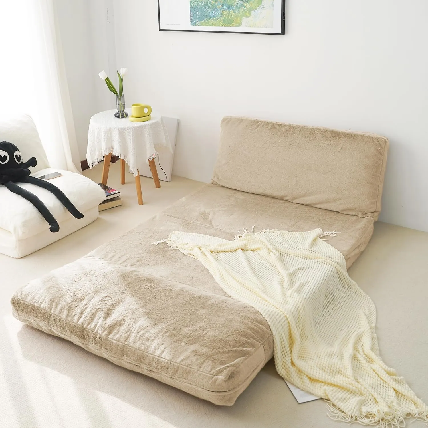 N&V Folding Matress Sofa Bean Bag Bed, Foam Filling Folding Matress Sofa, Includes Removable and Machine Washable Cover, Soft Premium Faux Fur (Medium, Champagne)