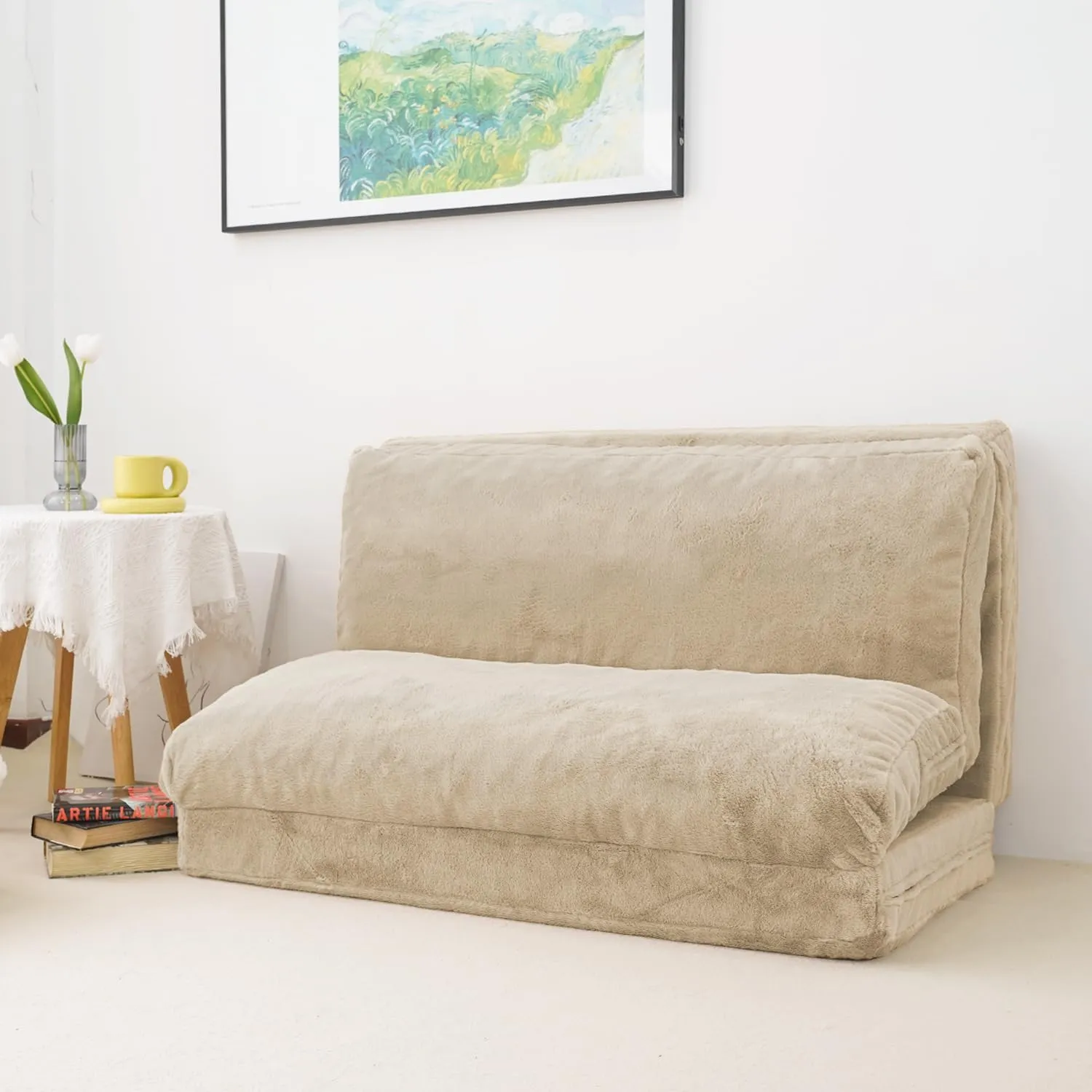 N&V Folding Matress Sofa Bean Bag Bed, Foam Filling Folding Matress Sofa, Includes Removable and Machine Washable Cover, Soft Premium Faux Fur (Medium, Champagne)