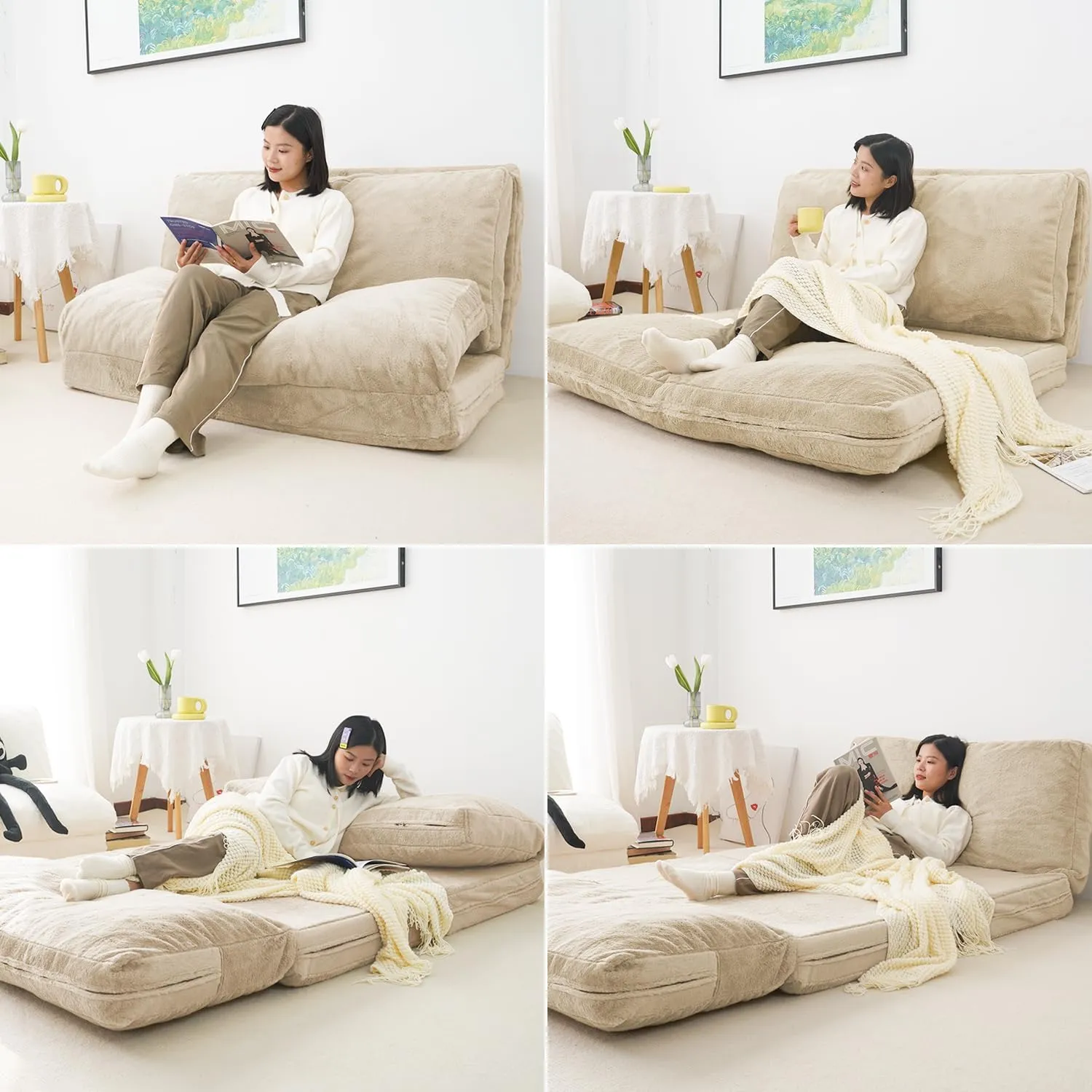N&V Folding Matress Sofa Bean Bag Bed, Foam Filling Folding Matress Sofa, Includes Removable and Machine Washable Cover, Soft Premium Faux Fur (Medium, Champagne)
