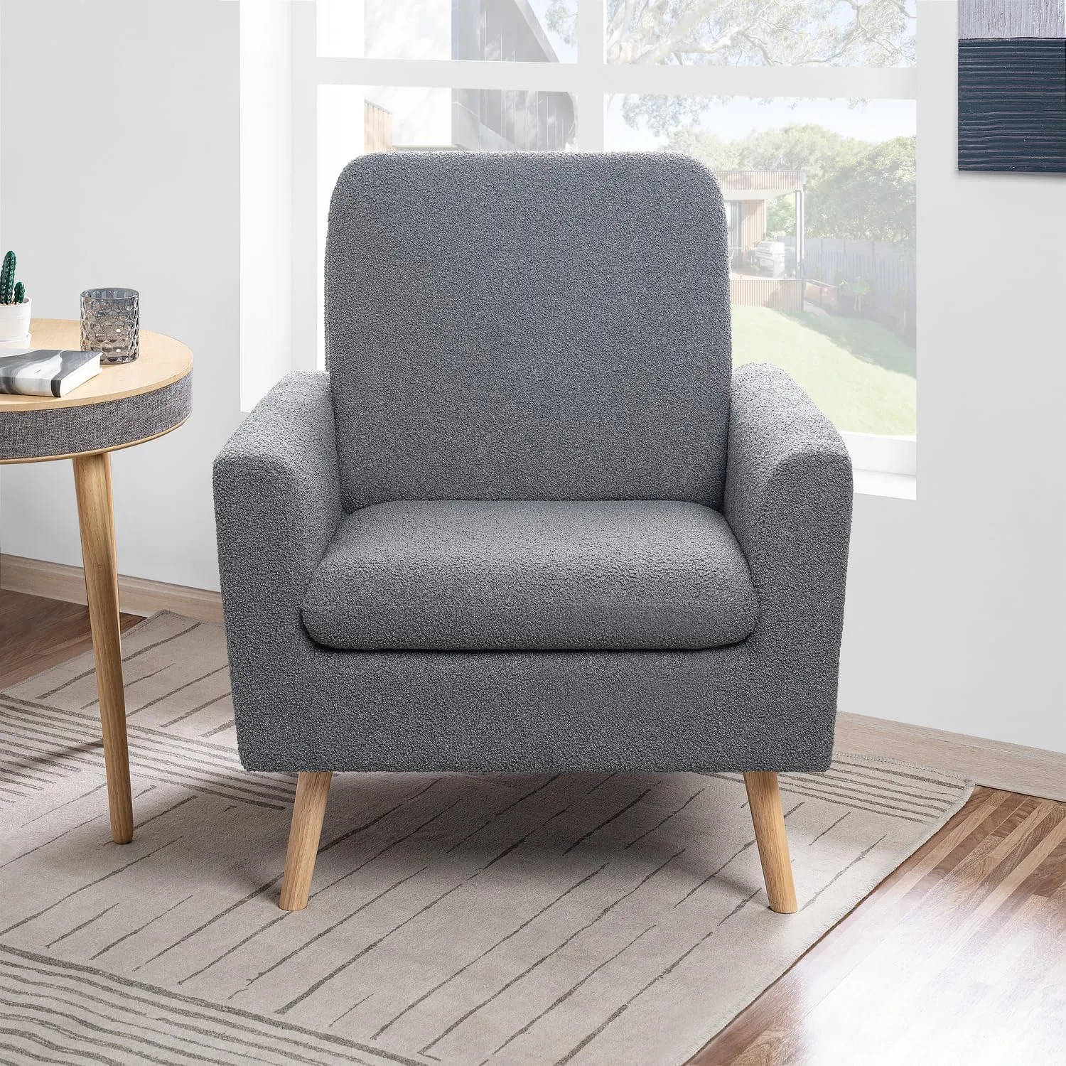 Naomi Home Frida Mid - Century Accent Chairs Set of 2 Durable Wood Frame Living Room Chairs Set of 2 Reading Chair with armrest Soft Teddy Fleece Side Chair Oak Legs arm Chairs - Gray