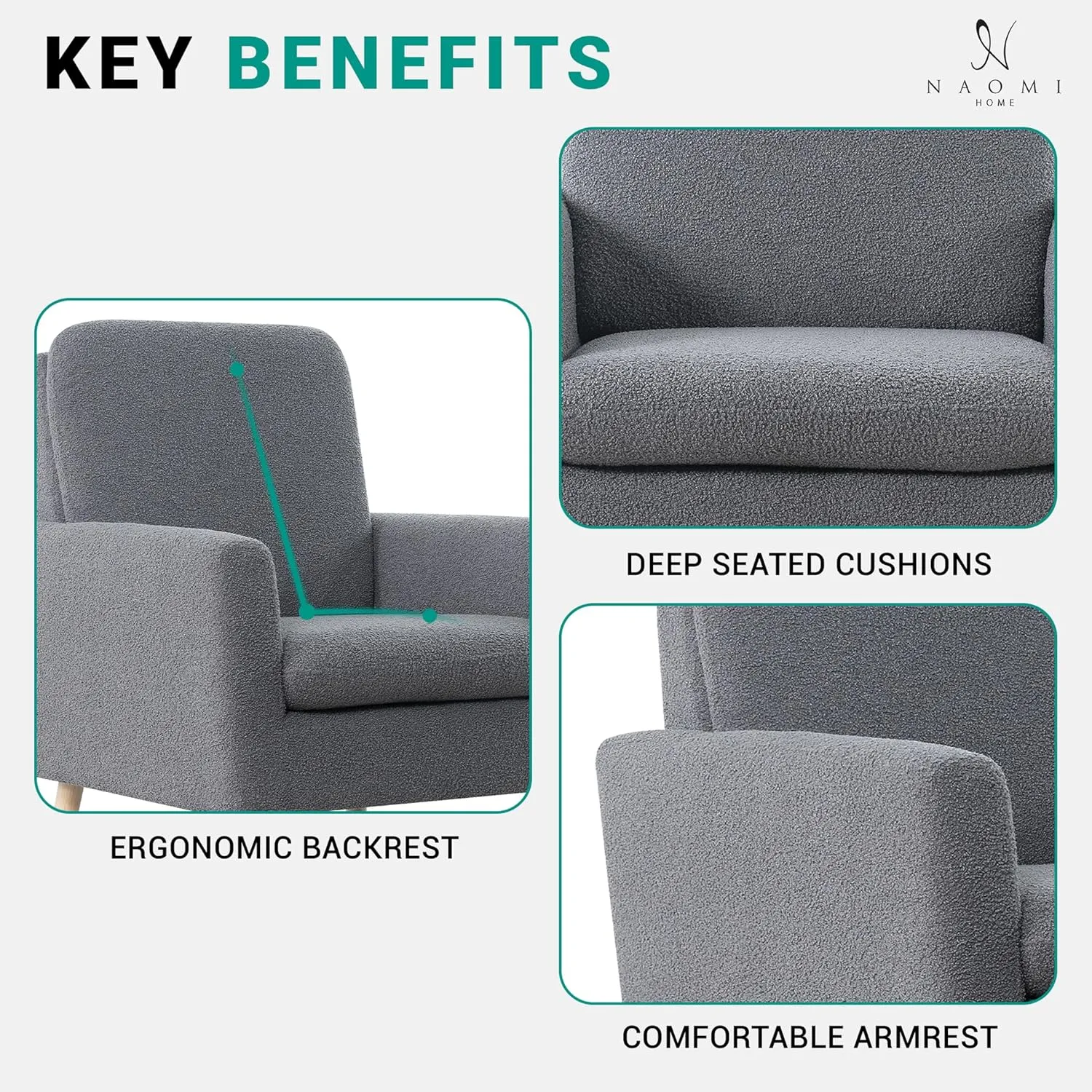 Naomi Home Frida Mid - Century Accent Chairs Set of 2 Durable Wood Frame Living Room Chairs Set of 2 Reading Chair with armrest Soft Teddy Fleece Side Chair Oak Legs arm Chairs - Gray