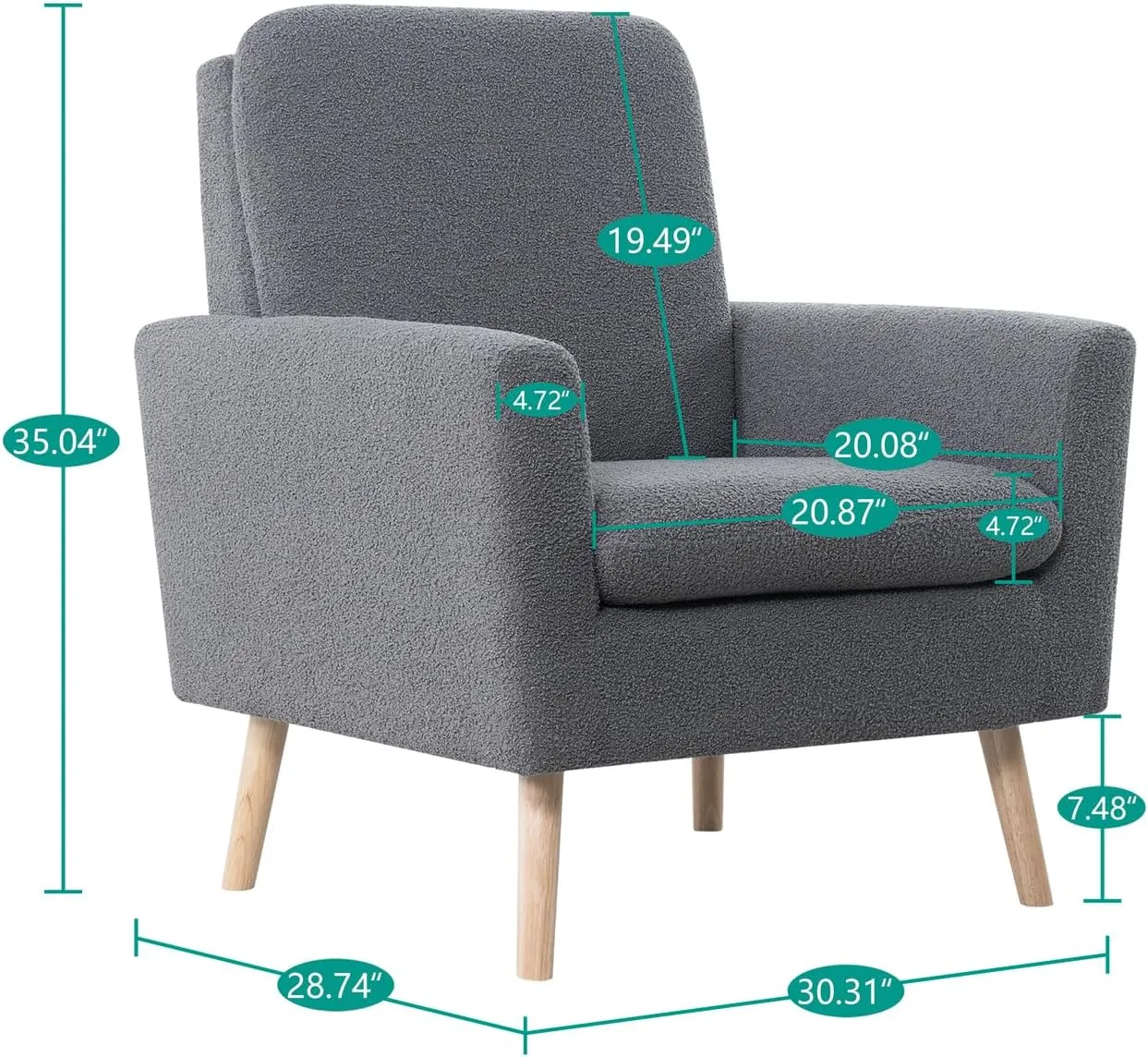 Naomi Home Frida Mid - Century Accent Chairs Set of 2 Durable Wood Frame Living Room Chairs Set of 2 Reading Chair with armrest Soft Teddy Fleece Side Chair Oak Legs arm Chairs - Gray