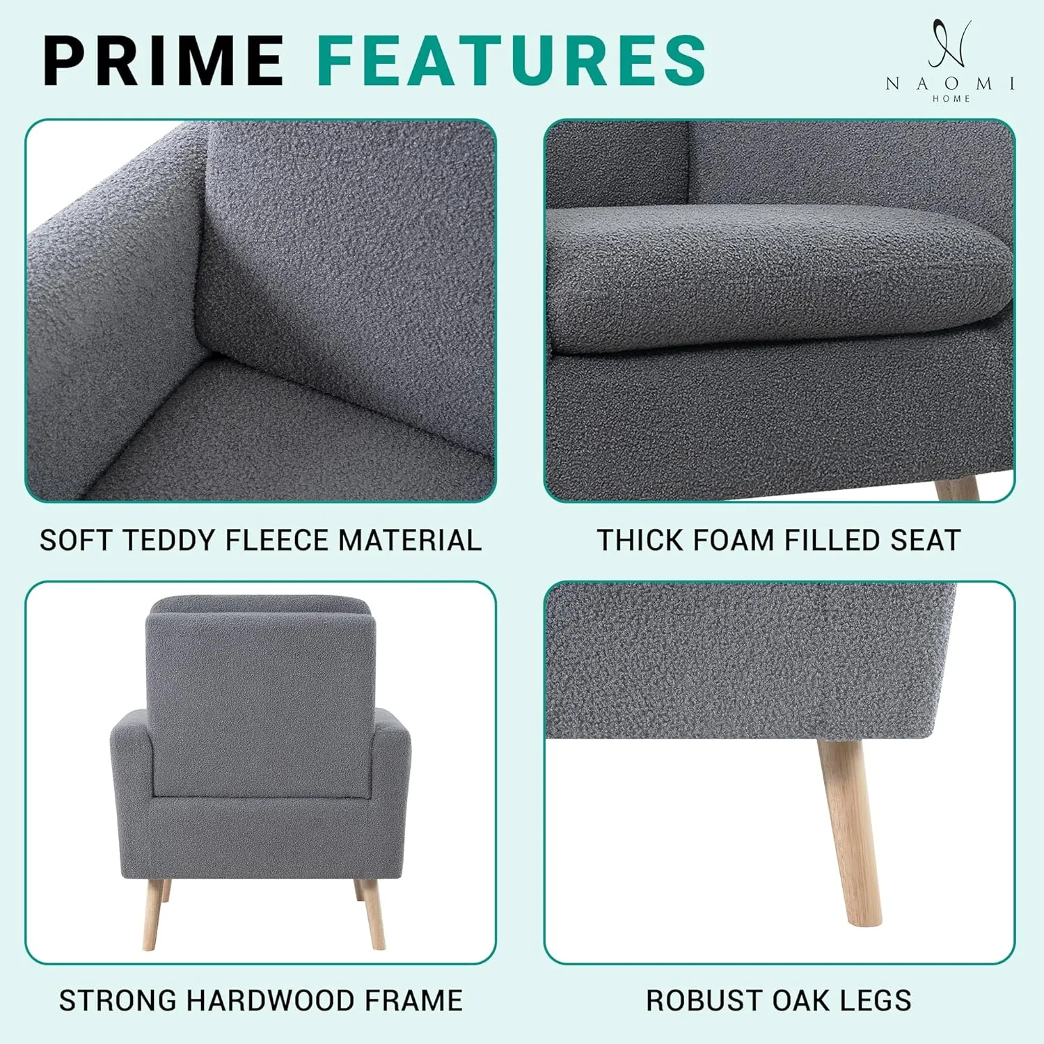 Naomi Home Frida Mid - Century Accent Chairs Set of 2 Durable Wood Frame Living Room Chairs Set of 2 Reading Chair with armrest Soft Teddy Fleece Side Chair Oak Legs arm Chairs - Gray