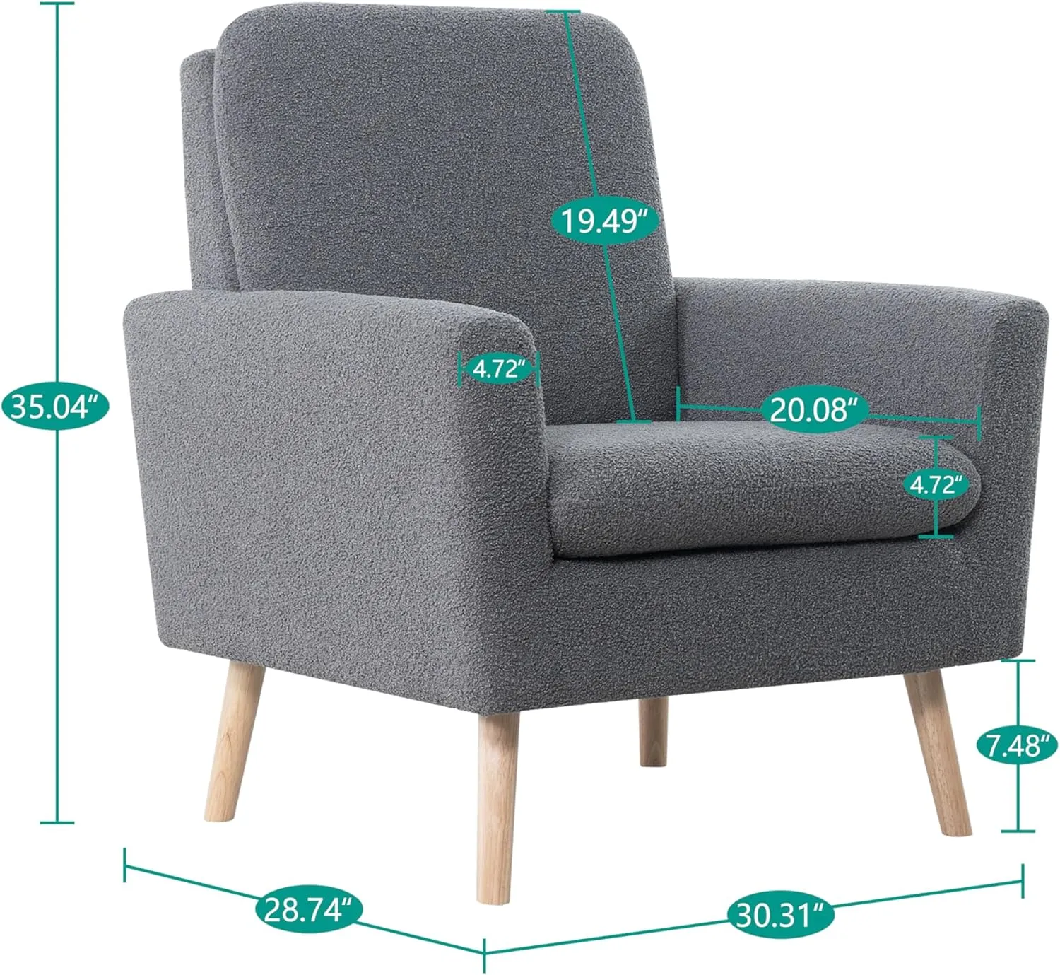 Naomi Home Frida Mid - Century Accent Chairs Set of 2 Durable Wood Frame Living Room Chairs Set of 2 Reading Chair with armrest Soft Teddy Fleece Side Chair Oak Legs arm Chairs - Gray