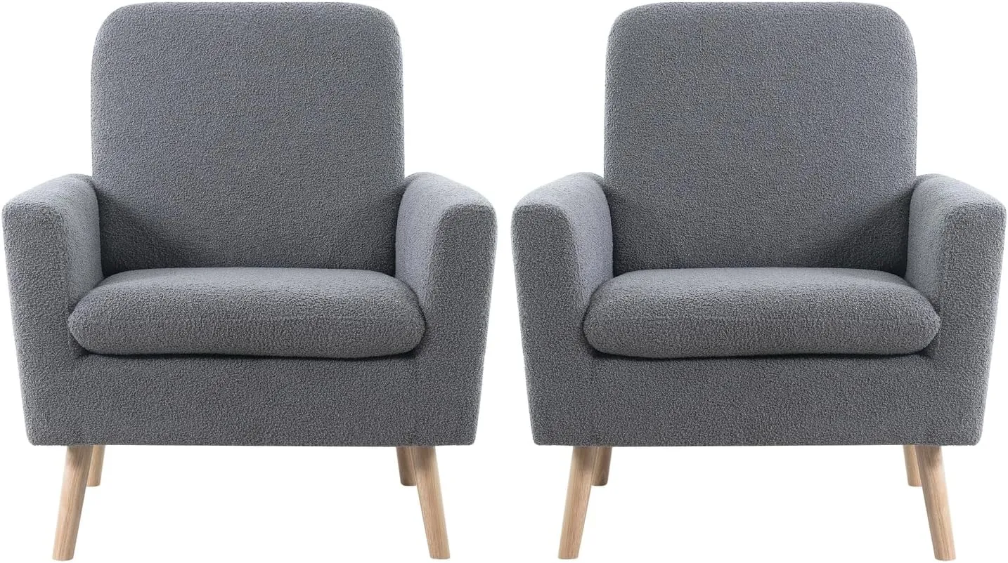 Naomi Home Frida Mid - Century Accent Chairs Set of 2 Durable Wood Frame Living Room Chairs Set of 2 Reading Chair with armrest Soft Teddy Fleece Side Chair Oak Legs arm Chairs - Gray