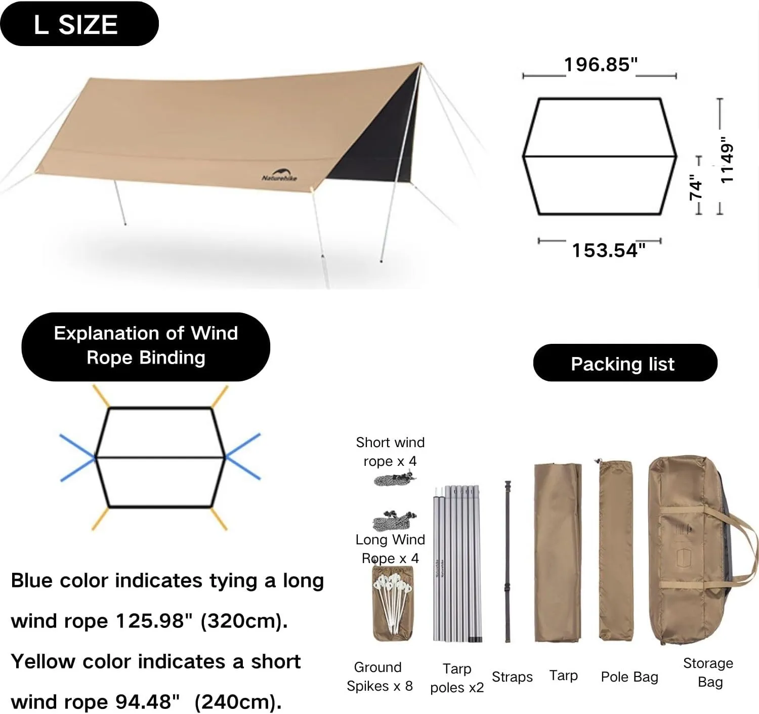 Naturehike Waterproof Camping Tent Tarp, Outdoor Rain Shelter Camping Canopy, UV Protection UPF2000  Shelter for Camping, Hiking,Backpacking (L)