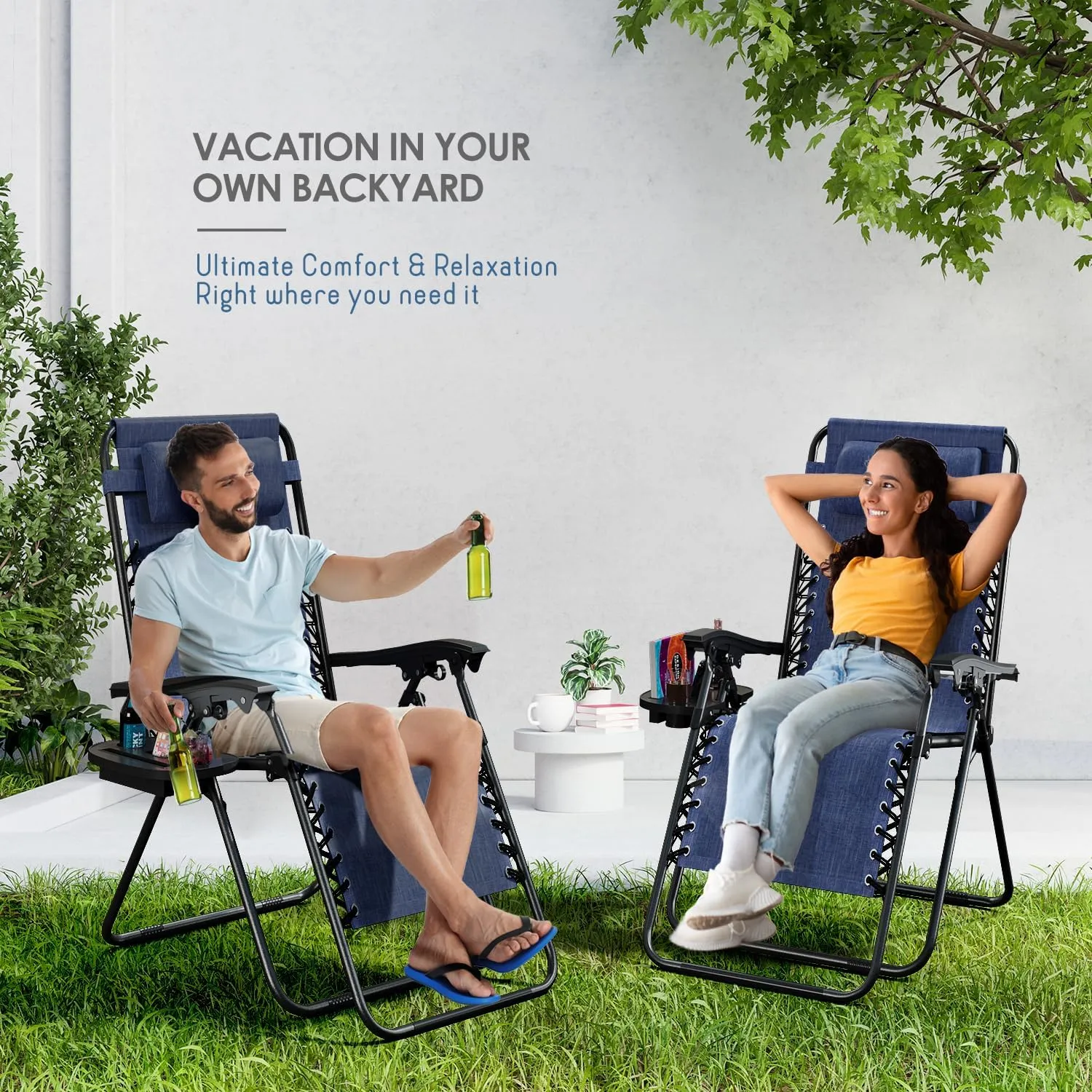 Nestl Zero Gravity Chairs, Portable Patio Lounge Chair Outdoor with Pillows & Cup Holder Trays, Adjustable Steel Mesh Reclining Camping Chair, Folding Patio Lawn Chair for Deck, Beach, Yard - Blue