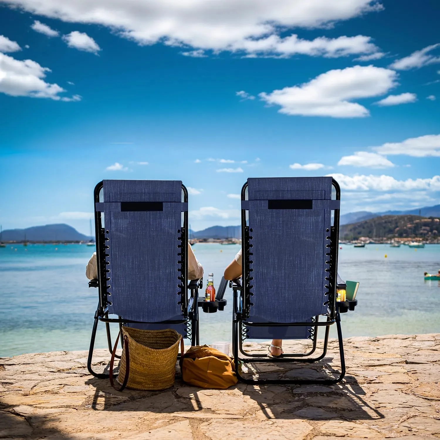 Nestl Zero Gravity Chairs, Portable Patio Lounge Chair Outdoor with Pillows & Cup Holder Trays, Adjustable Steel Mesh Reclining Camping Chair, Folding Patio Lawn Chair for Deck, Beach, Yard - Blue