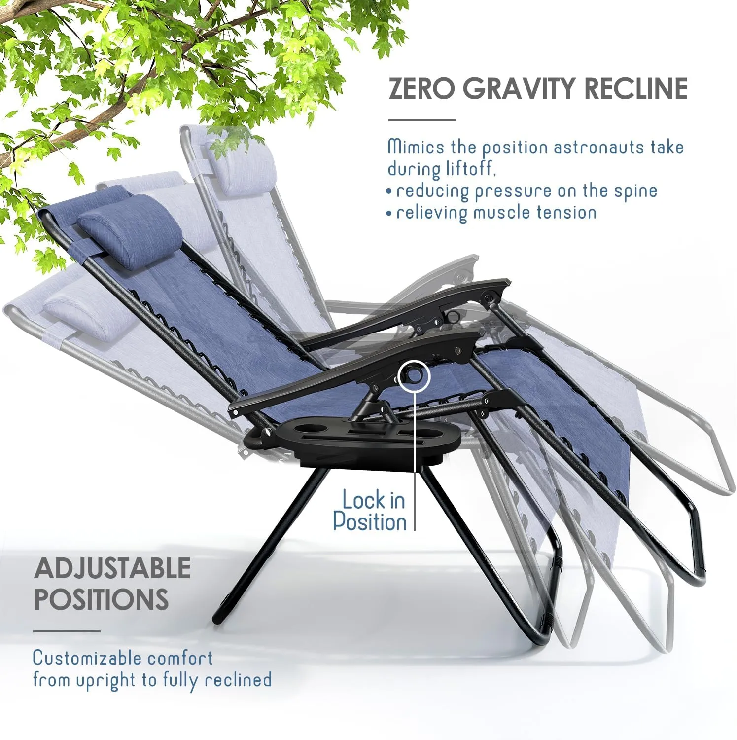 Nestl Zero Gravity Chairs, Portable Patio Lounge Chair Outdoor with Pillows & Cup Holder Trays, Adjustable Steel Mesh Reclining Camping Chair, Folding Patio Lawn Chair for Deck, Beach, Yard - Blue