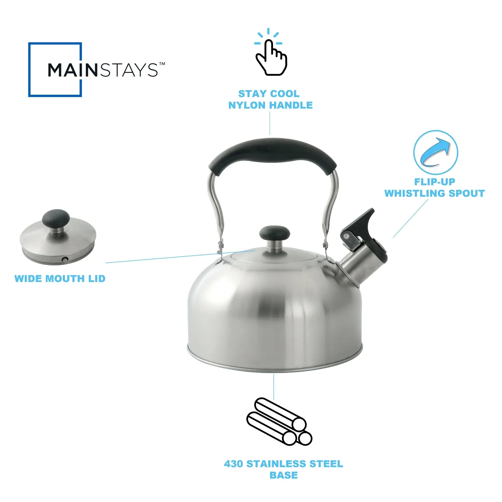 NEW Mainstays 1.8-Liter Whistle Tea Kettle Stainless Steel Silver
