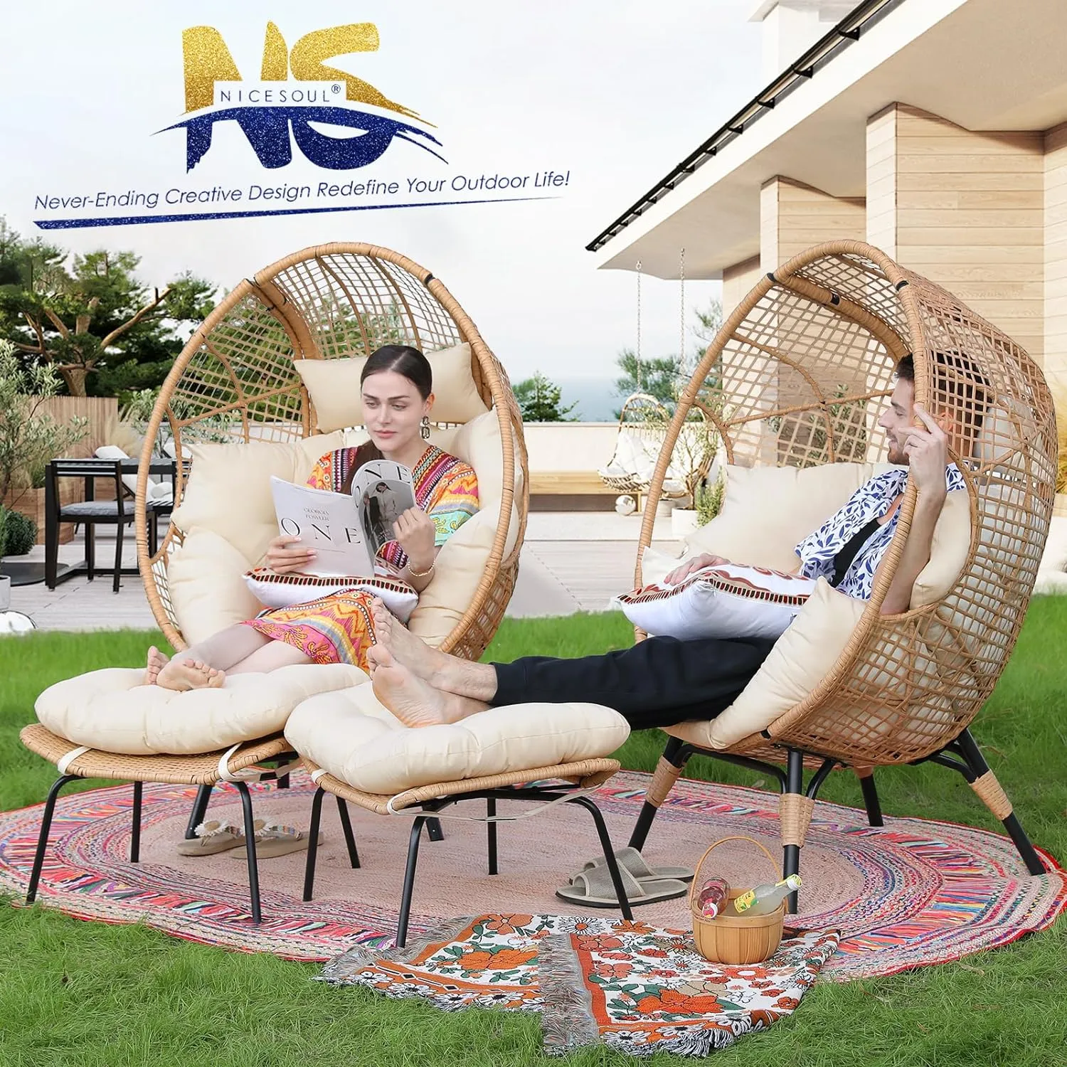 NICESOUL Wicker Egg Chair with Ottoman, Indoor Outdoor Egg Basket Lounge Chair w/Cushion, Oversized Egg Seat with Legs 440 Lbs, Comfy Cozy Boho Style Nest Chair w/Footrest for Patio, Balcony, Beige
