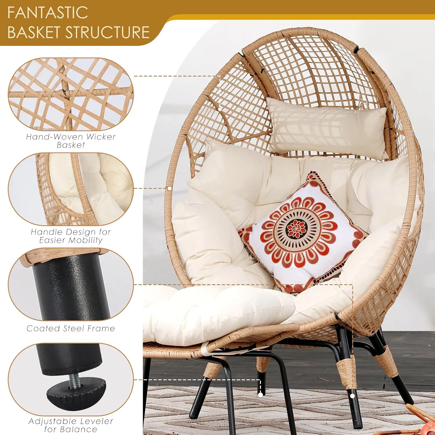 NICESOUL Wicker Egg Chair with Ottoman, Indoor Outdoor Egg Basket Lounge Chair w/Cushion, Oversized Egg Seat with Legs 440 Lbs, Comfy Cozy Boho Style Nest Chair w/Footrest for Patio, Balcony, Beige