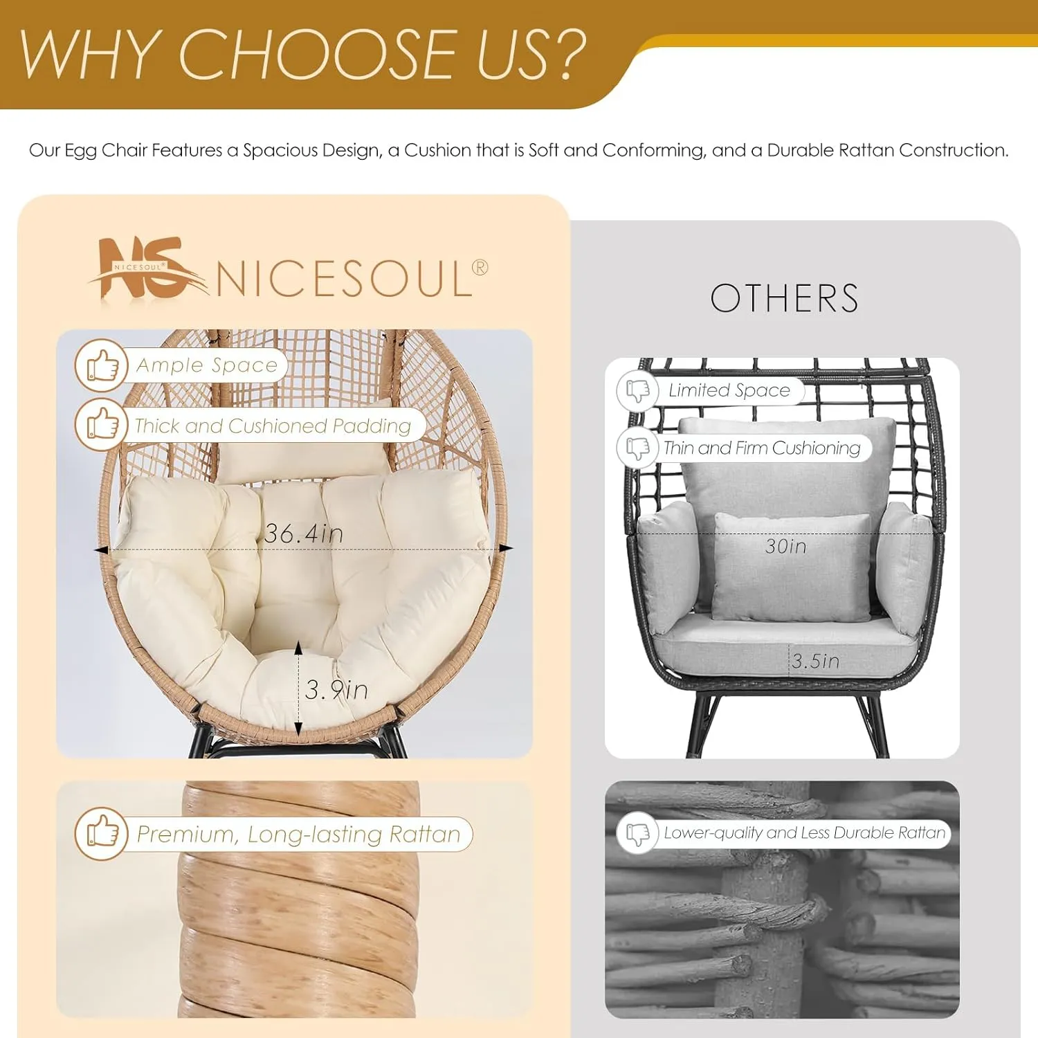 NICESOUL Wicker Egg Chair with Ottoman, Indoor Outdoor Egg Basket Lounge Chair w/Cushion, Oversized Egg Seat with Legs 440 Lbs, Comfy Cozy Boho Style Nest Chair w/Footrest for Patio, Balcony, Beige