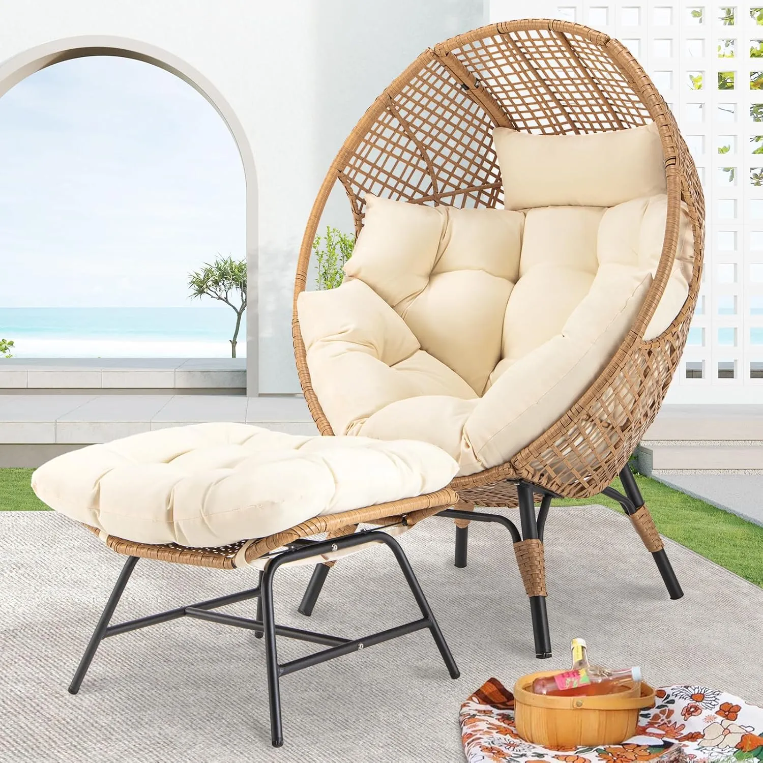 NICESOUL Wicker Egg Chair with Ottoman, Indoor Outdoor Egg Basket Lounge Chair w/Cushion, Oversized Egg Seat with Legs 440 Lbs, Comfy Cozy Boho Style Nest Chair w/Footrest for Patio, Balcony, Beige