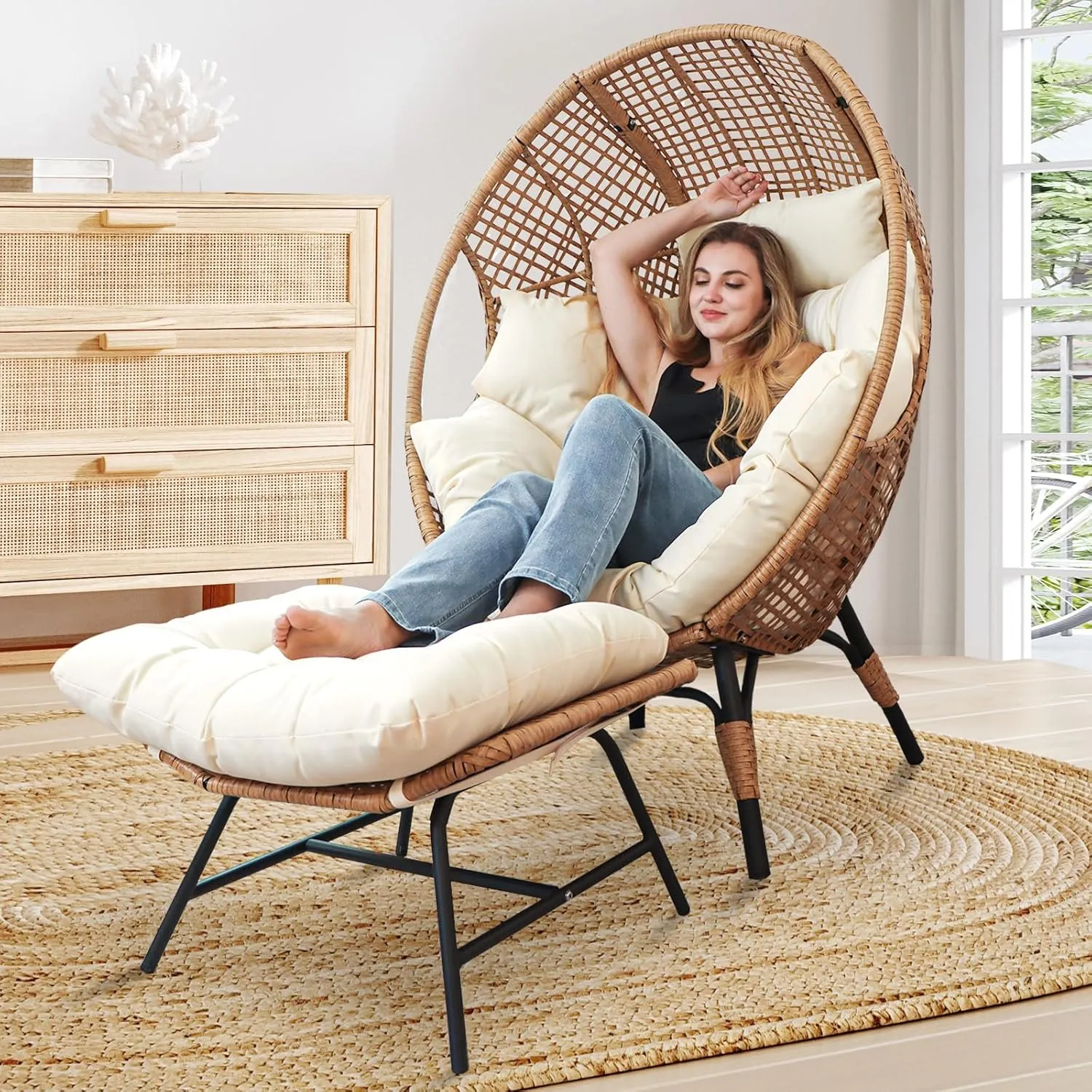 NICESOUL Wicker Egg Chair with Ottoman, Indoor Outdoor Egg Basket Lounge Chair w/Cushion, Oversized Egg Seat with Legs 440 Lbs, Comfy Cozy Boho Style Nest Chair w/Footrest for Patio, Balcony, Beige
