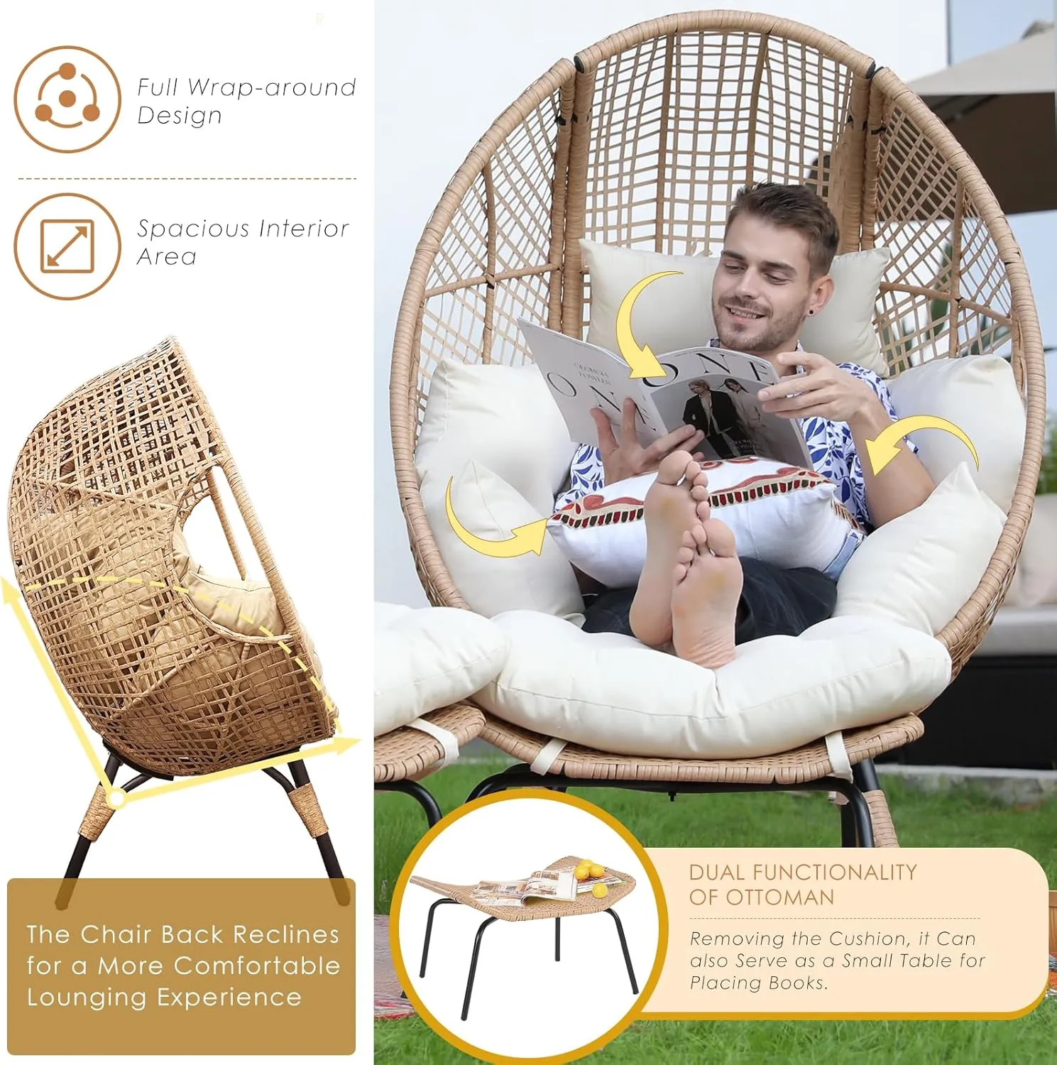 NICESOUL Wicker Egg Chair with Ottoman, Indoor Outdoor Egg Basket Lounge Chair w/Cushion, Oversized Egg Seat with Legs 440 Lbs, Comfy Cozy Boho Style Nest Chair w/Footrest for Patio, Balcony, Beige