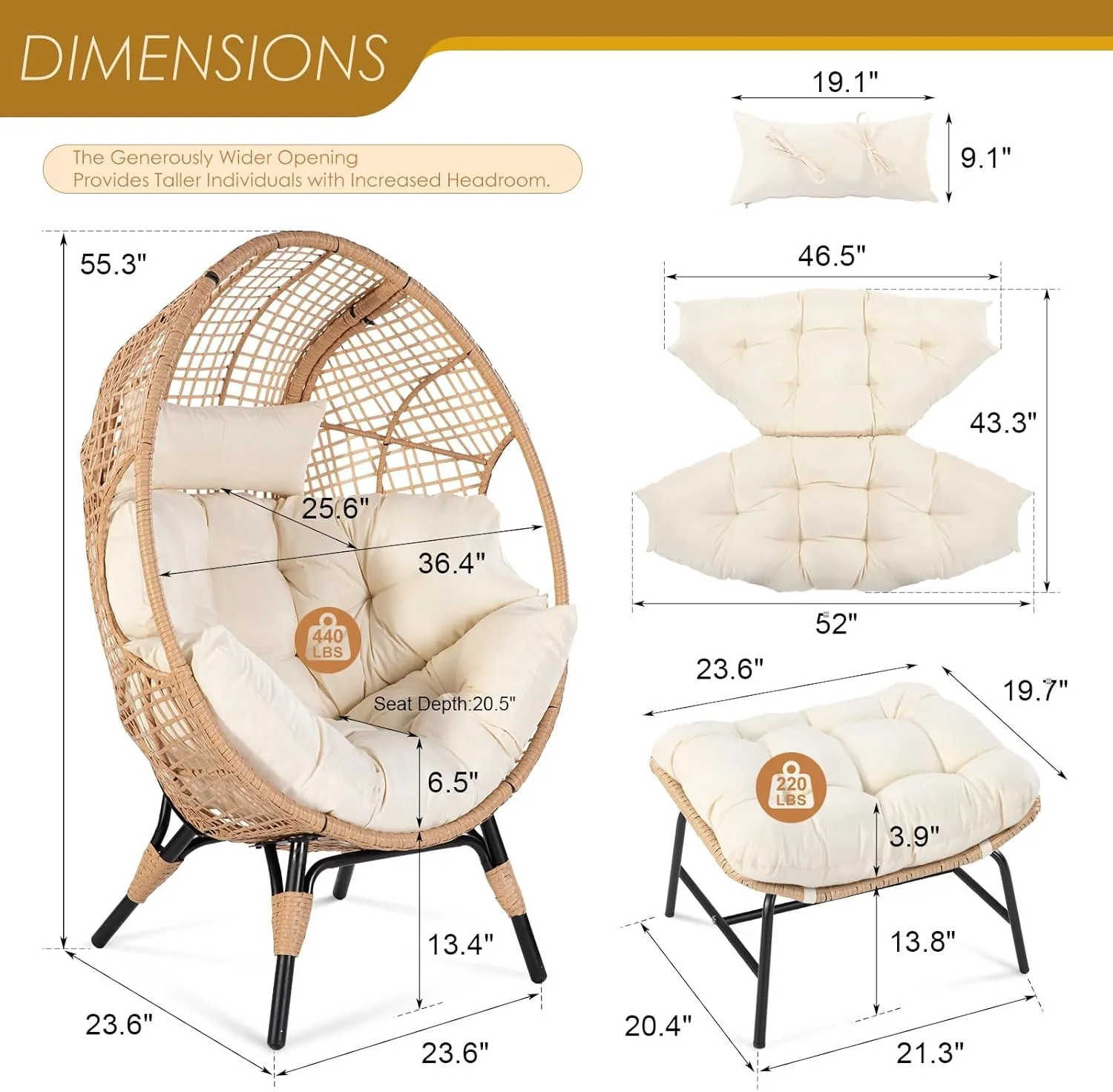 NICESOUL Wicker Egg Chair with Ottoman, Indoor Outdoor Egg Basket Lounge Chair w/Cushion, Oversized Egg Seat with Legs 440 Lbs, Comfy Cozy Boho Style Nest Chair w/Footrest for Patio, Balcony, Beige
