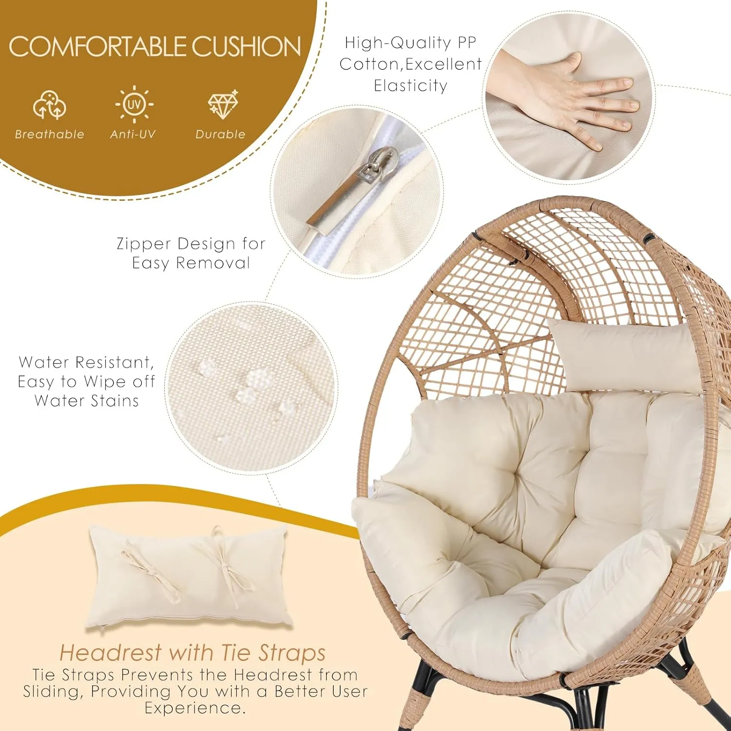 NICESOUL Wicker Egg Chair with Ottoman, Indoor Outdoor Egg Basket Lounge Chair w/Cushion, Oversized Egg Seat with Legs 440 Lbs, Comfy Cozy Boho Style Nest Chair w/Footrest for Patio, Balcony, Beige
