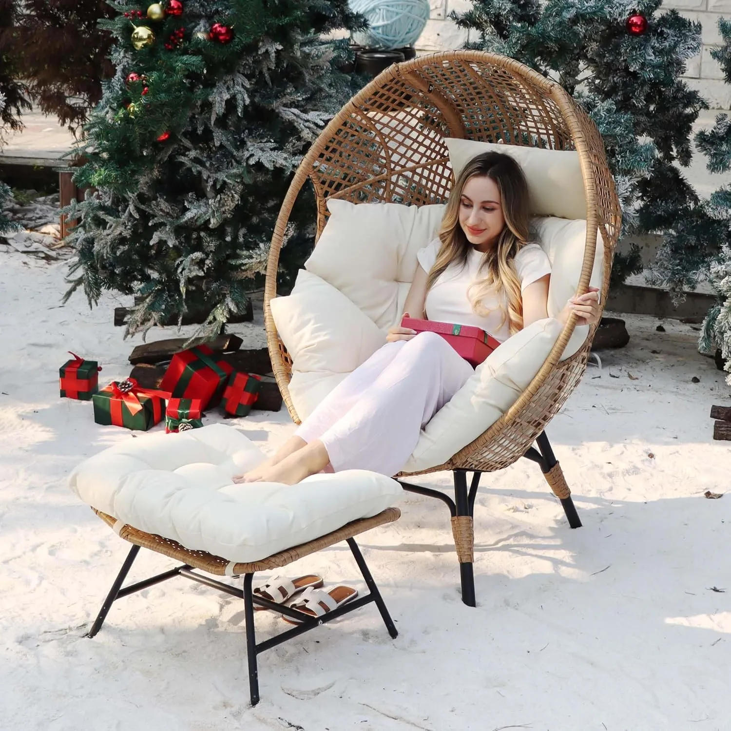 NICESOUL Wicker Egg Chair with Ottoman, Indoor Outdoor Egg Basket Lounge Chair w/Cushion, Oversized Egg Seat with Legs 440 Lbs, Comfy Cozy Boho Style Nest Chair w/Footrest for Patio, Balcony, Beige