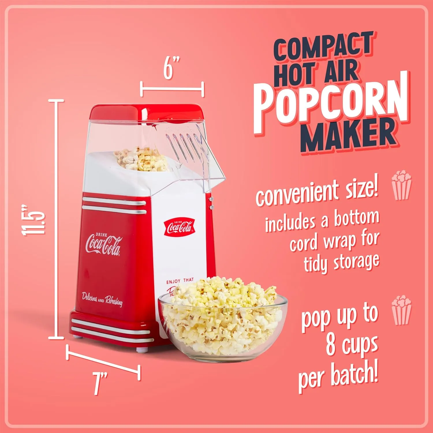 Nostalgia Electrics Coca-Cola Hot-Air Electric Popcorn Maker, 8 Cups, Healthy Oil Free Popcorn with Measuring Scoop, Coke Red & White