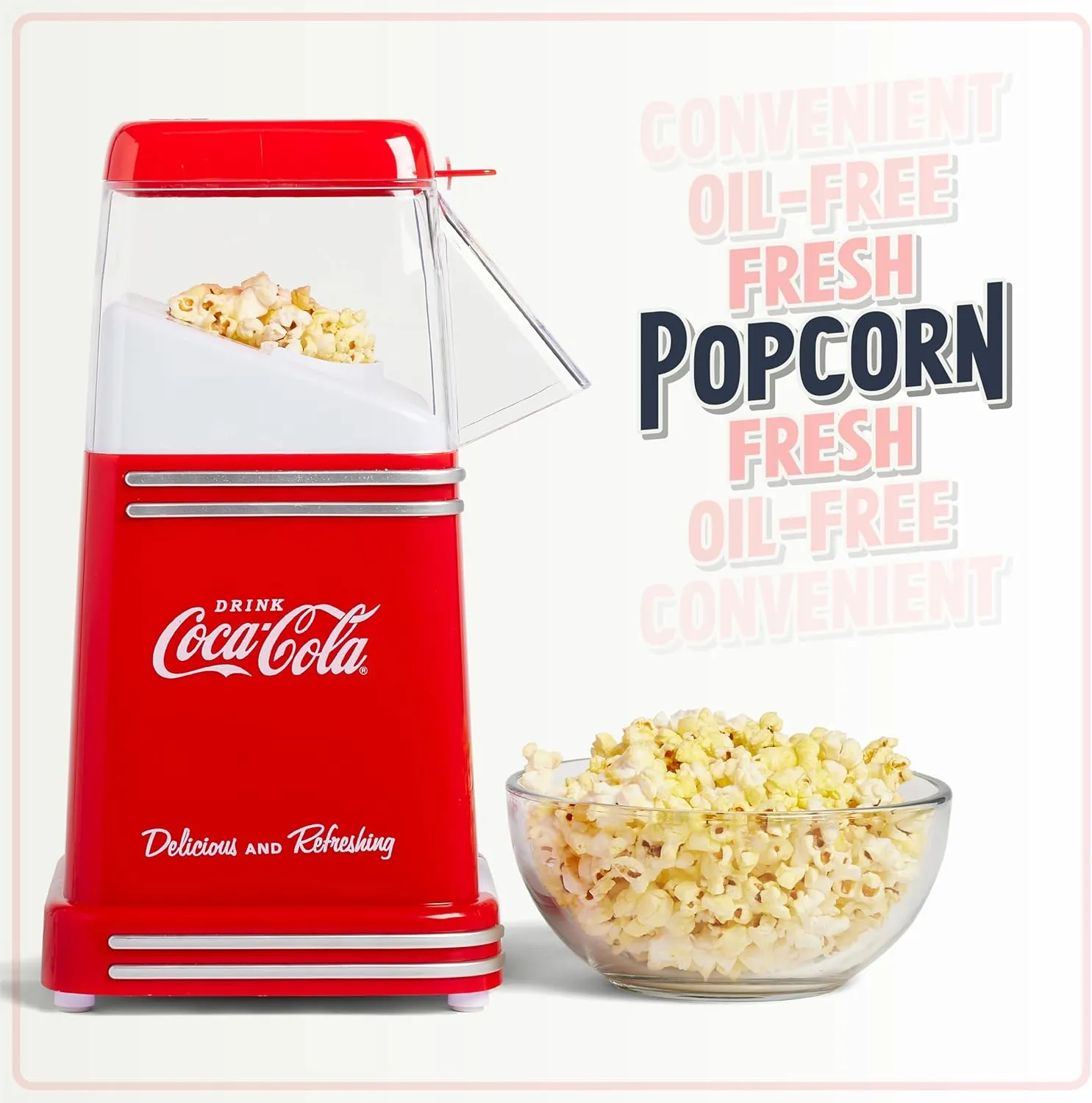 Nostalgia Electrics Coca-Cola Hot-Air Electric Popcorn Maker, 8 Cups, Healthy Oil Free Popcorn with Measuring Scoop, Coke Red & White