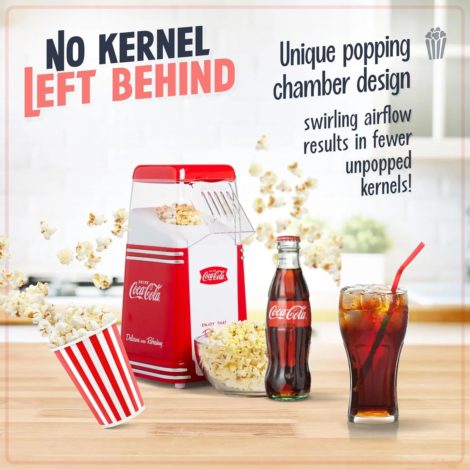 Nostalgia Electrics Coca-Cola Hot-Air Electric Popcorn Maker, 8 Cups, Healthy Oil Free Popcorn with Measuring Scoop, Coke Red & White