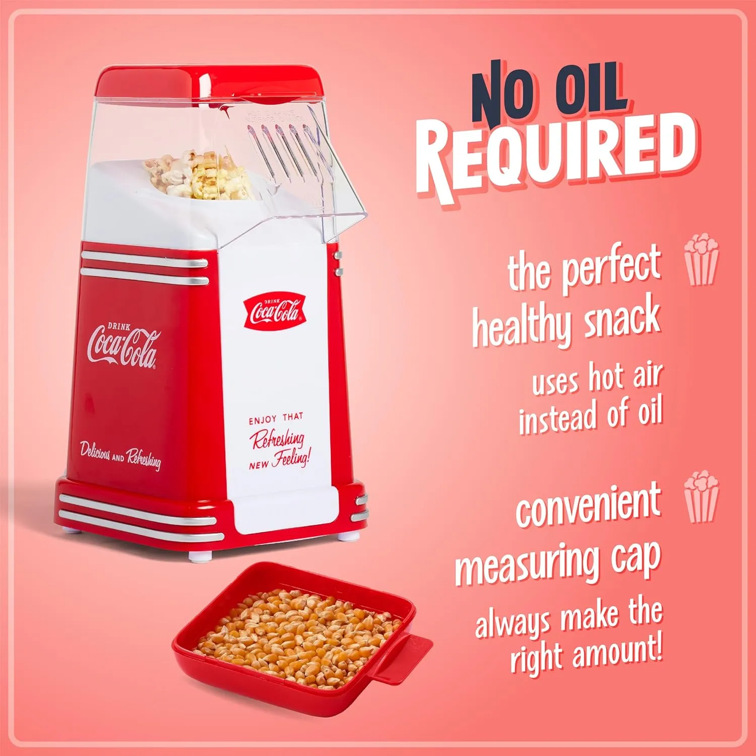 Nostalgia Electrics Coca-Cola Hot-Air Electric Popcorn Maker, 8 Cups, Healthy Oil Free Popcorn with Measuring Scoop, Coke Red & White