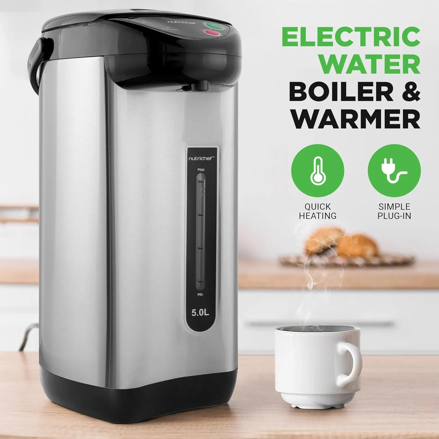 NutriChef 5.2 Qt Electric Water Kettle, Quick Heating, 5 Liter Digital Kettle with 5 Temperature Settings, Safety Lock, Stainless Steel, 3 Dispensing Options, Easy to Clean, 11"x19"x11"