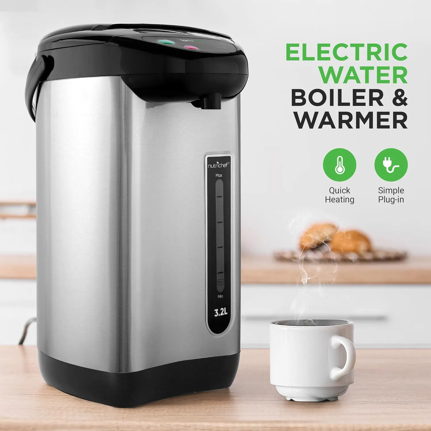 NutriChef Hot Water Urn Pot - Insulated Stainless Steel, Manual & Auto Dispense, Safety Lock Shutoff 3.38 QT- Auto Shut Off