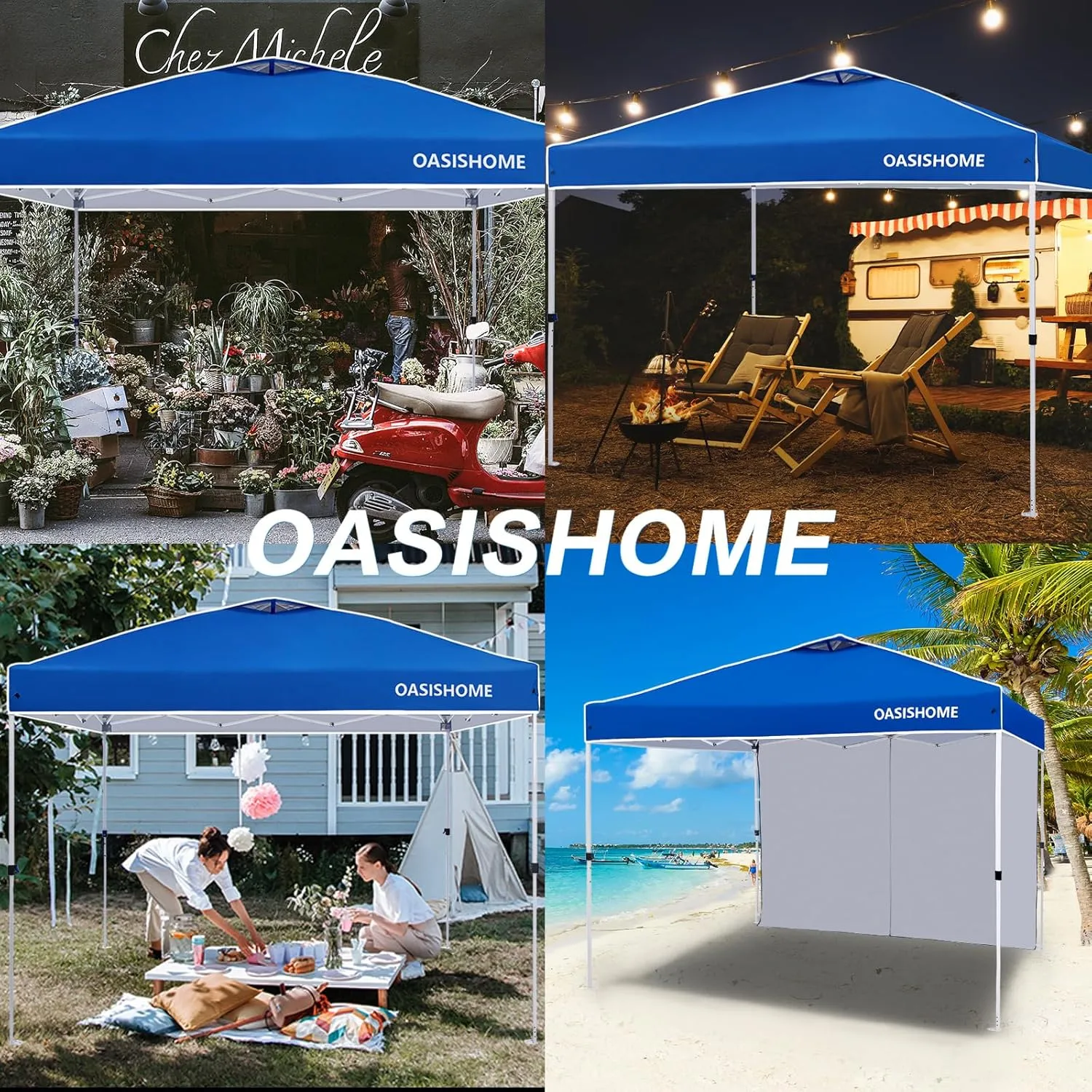 OASISHOME Pop-up Portable Outdoor Canopy Tent 10'x10' Instant Gazebo, with 1 Sidewall, Carry Bag, Stakes, Ropes, for Outdoor/Beach/Patio/Wedding Parties and Commercial Events (10FTx10FT, Blue)