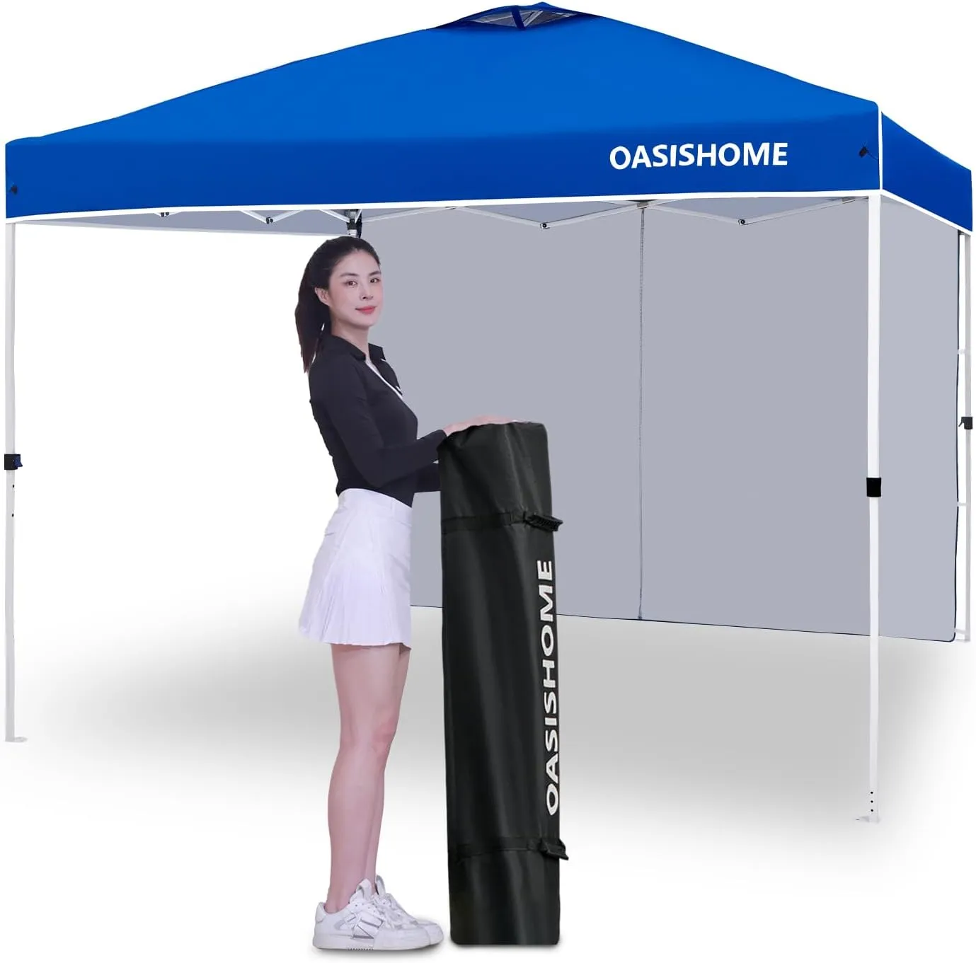 OASISHOME Pop-up Portable Outdoor Canopy Tent 10'x10' Instant Gazebo, with 1 Sidewall, Carry Bag, Stakes, Ropes, for Outdoor/Beach/Patio/Wedding Parties and Commercial Events (10FTx10FT, Blue)