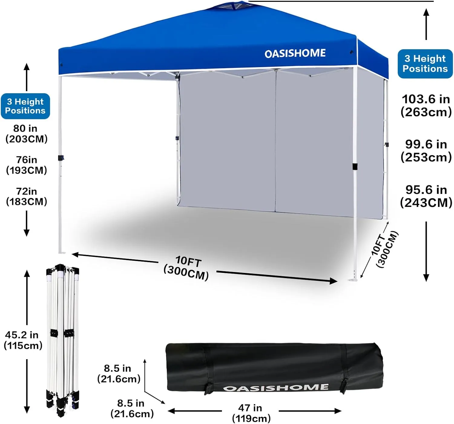 OASISHOME Pop-up Portable Outdoor Canopy Tent 10'x10' Instant Gazebo, with 1 Sidewall, Carry Bag, Stakes, Ropes, for Outdoor/Beach/Patio/Wedding Parties and Commercial Events (10FTx10FT, Blue)